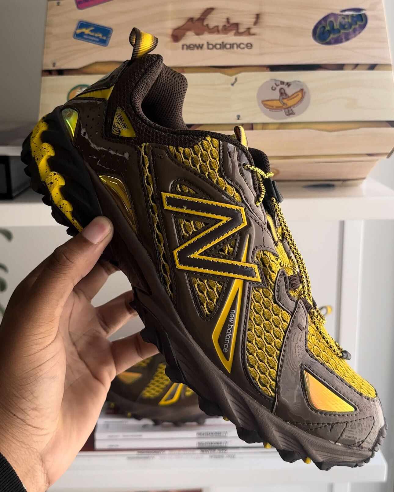 Amine's New Balance shoe collab, "The Mooz," seen in-hand