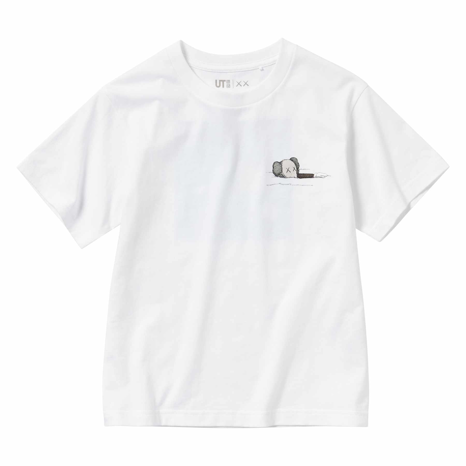 A white KAWS x UNIQLO T-shirt printed with a 'What Party" artwork