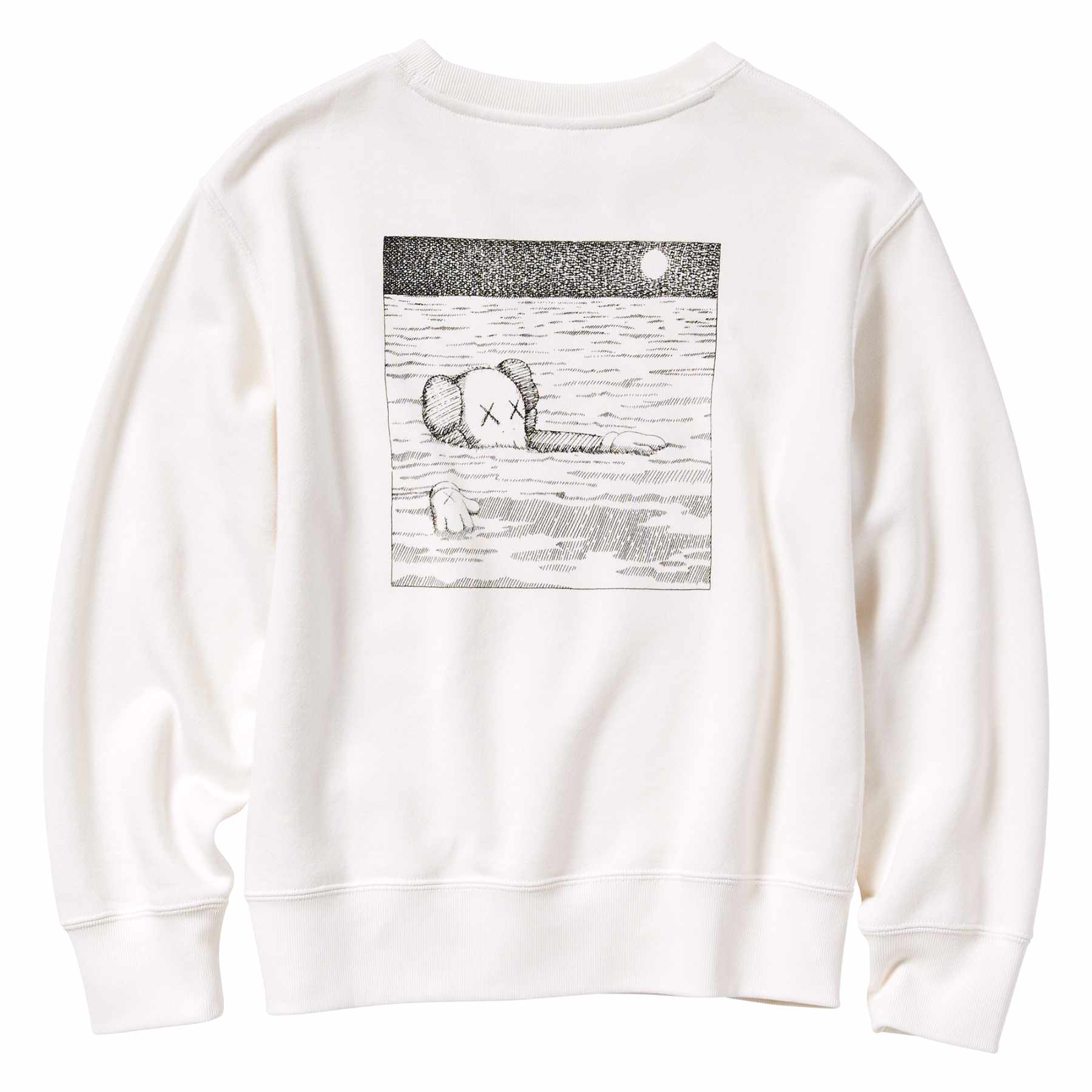 A white KAWS x UNIQLO sweater printed with a 'What Party" artwork