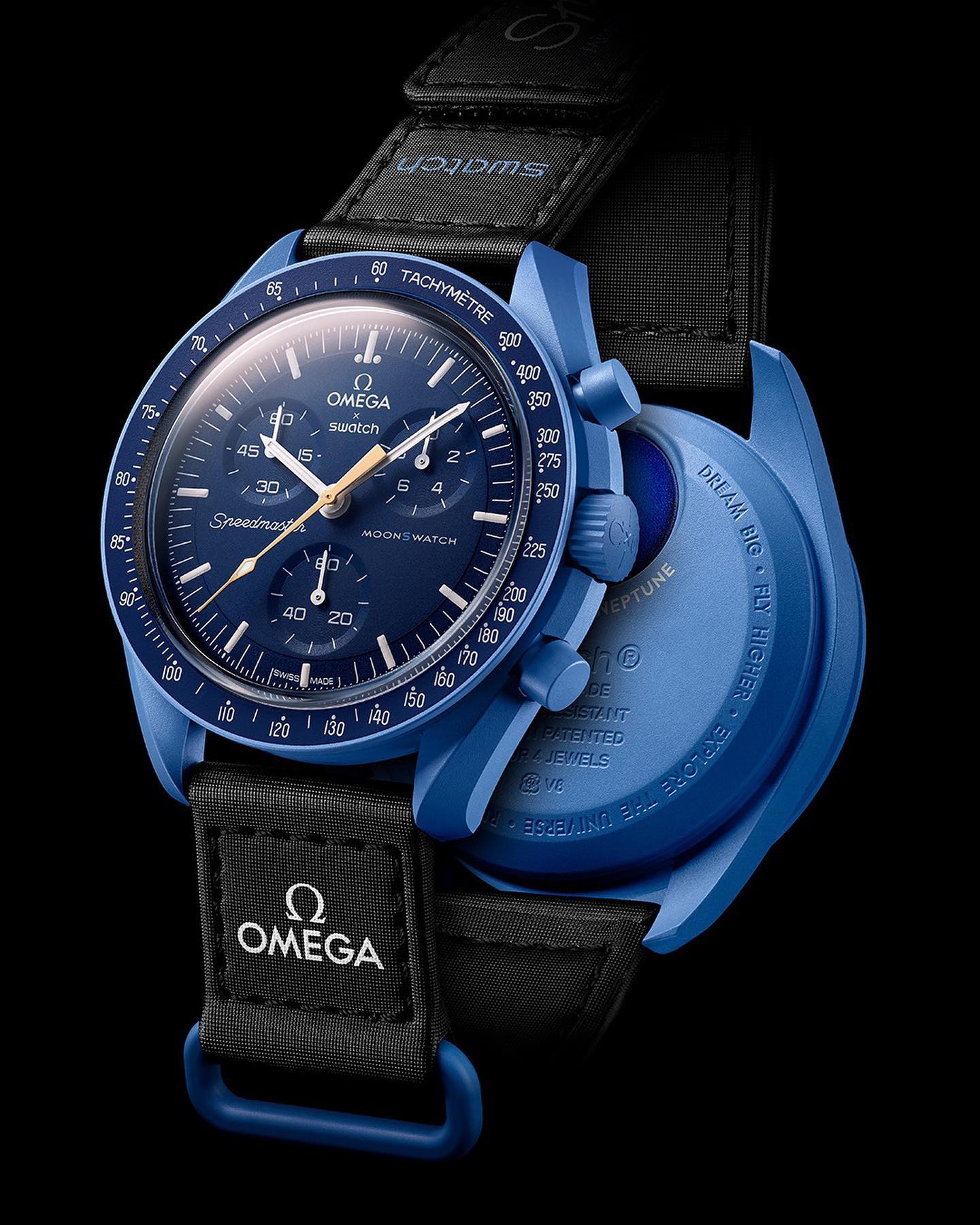 A detailed photograph of Omega & Swatch's blue Mission to Neptune Moonshine Gold MoonSwatch