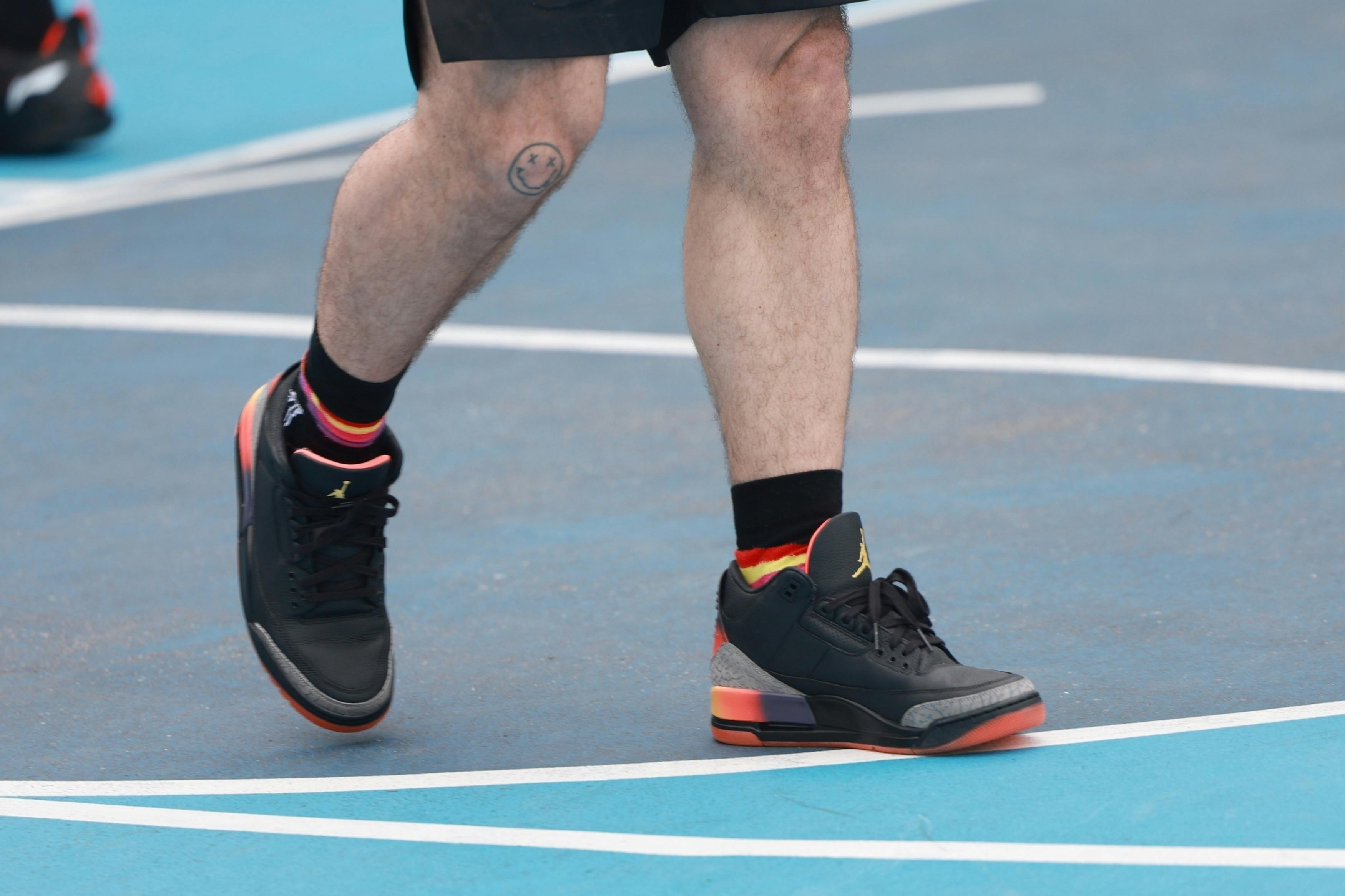 J.Balvin wears his unreleased Air Jordan 3 "Rio" shoes while playing basketball in New York with Jimmy Butler