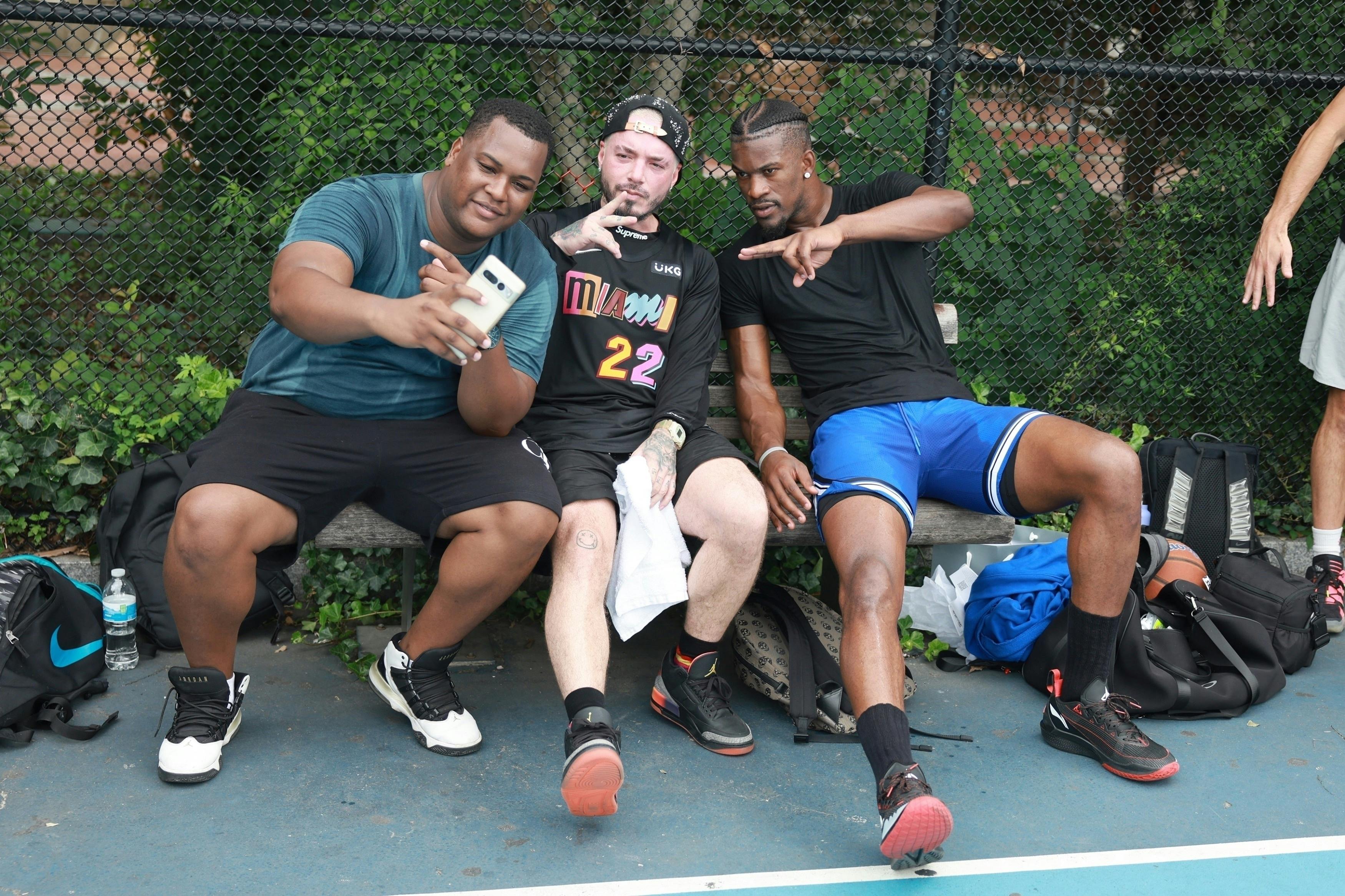 J.Balvin wears his unreleased Air Jordan 3 "Rio" shoes while playing basketball in New York with Jimmy Butler