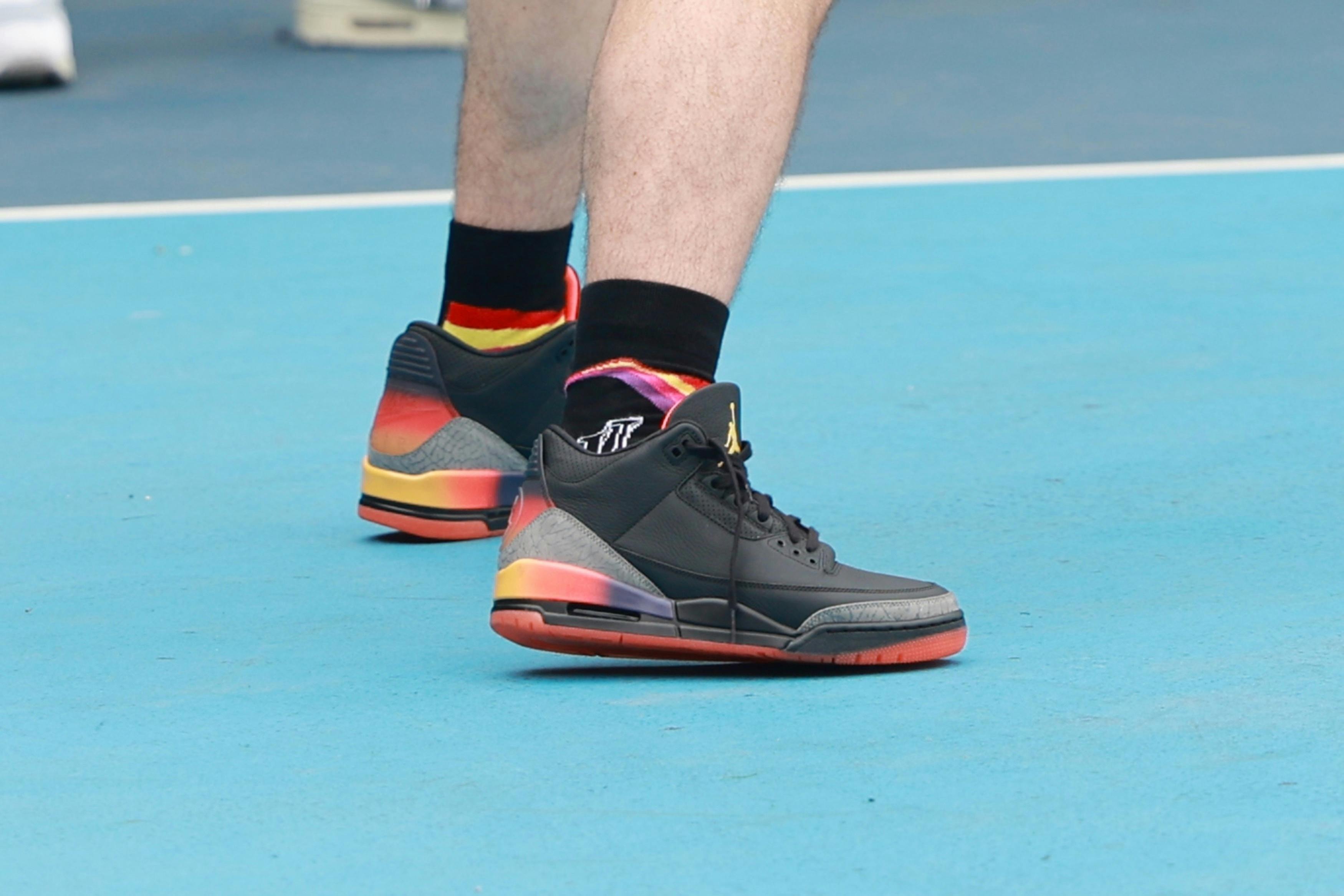 J.Balvin wears his unreleased Air Jordan 3 "Rio" shoes while playing basketball in New York with Jimmy Butler