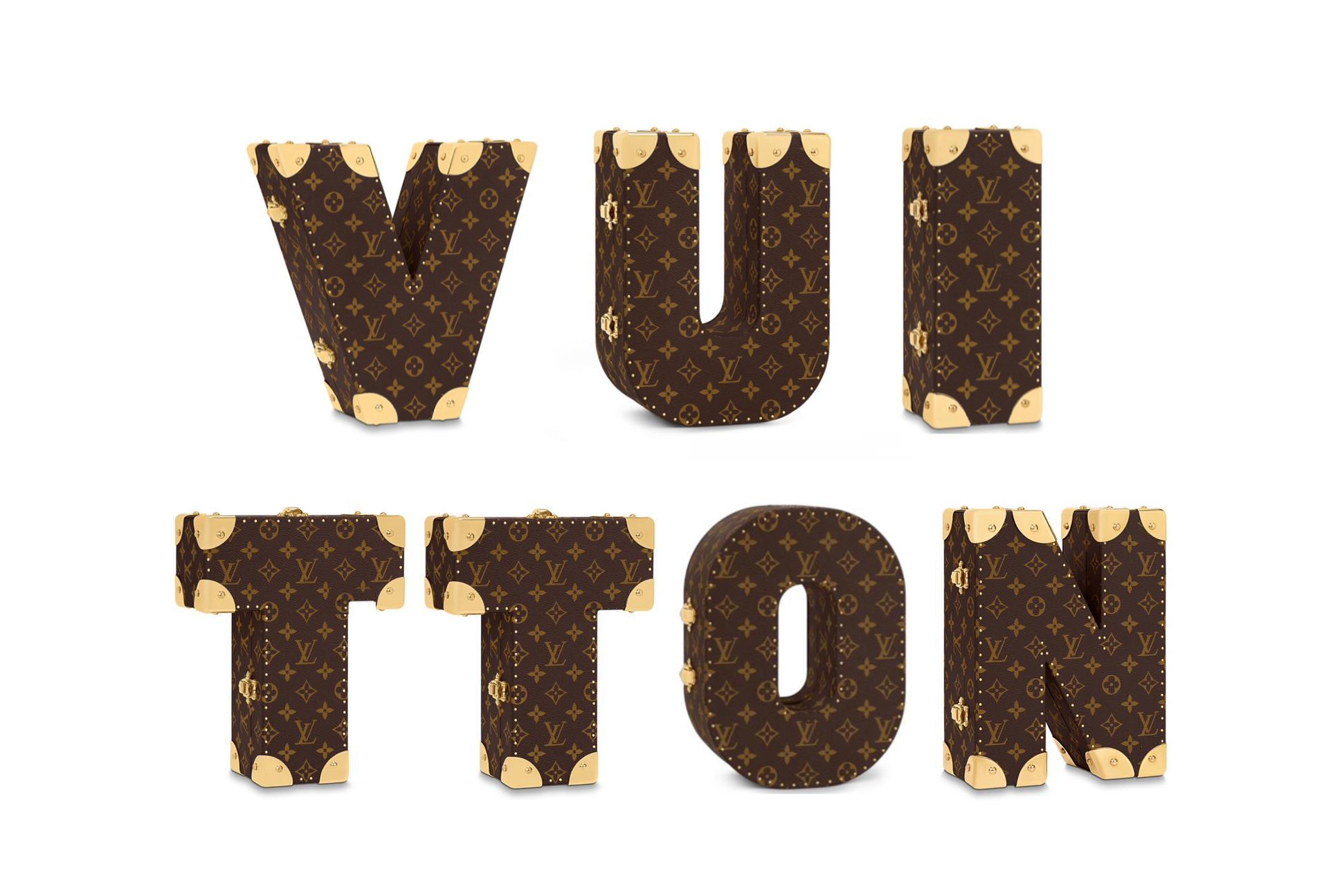 Louis Vuitton's Alphabet Trunk collection spells out "VUITTON" in monogrammed canvas