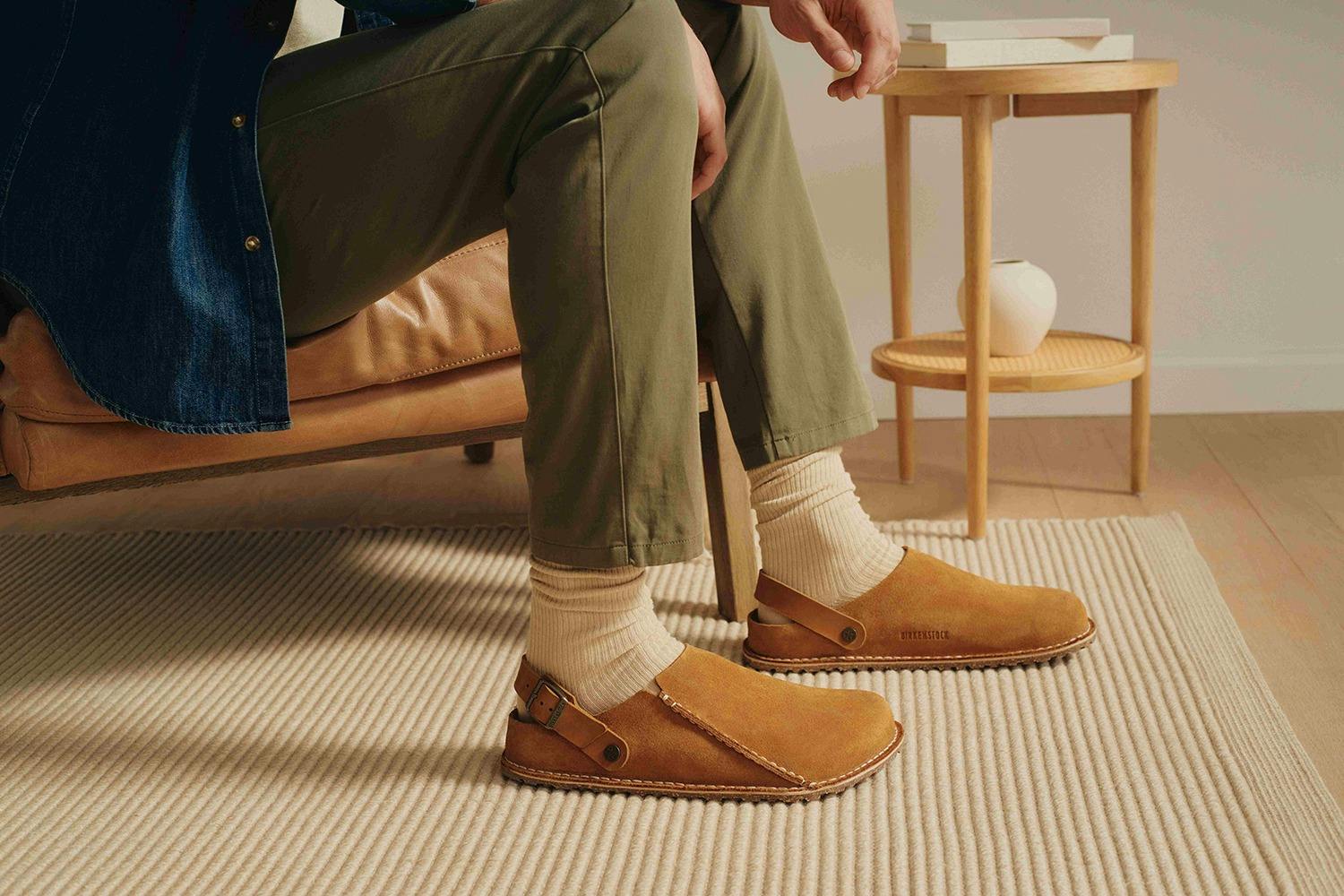 A photo of Birkenstock's new Lutry clog in brown or black suede