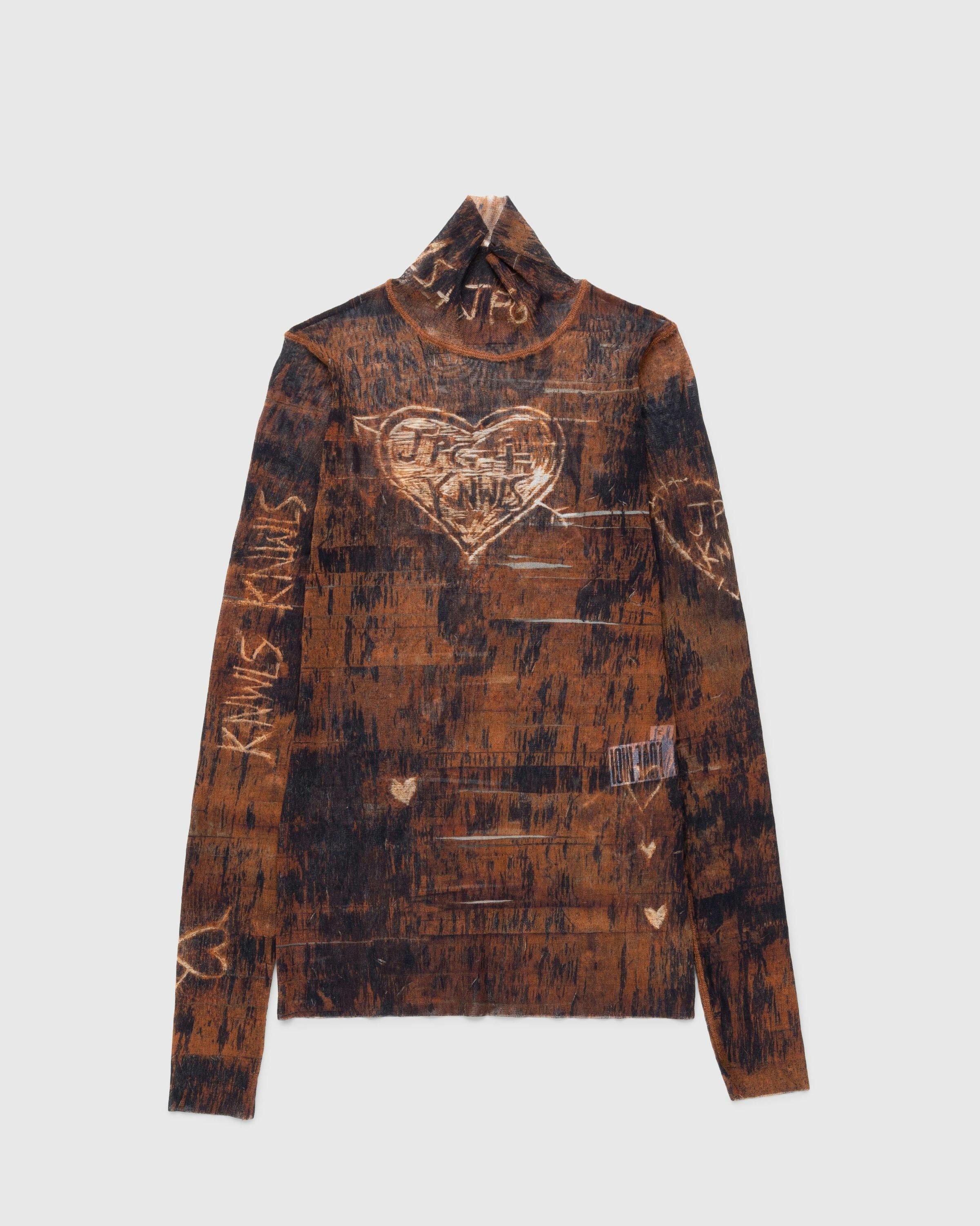 Jean Paul Gaultier - High Neck Longsleeve Printed Wood Top Brown/Ecru - Clothing - Brown - Image 1