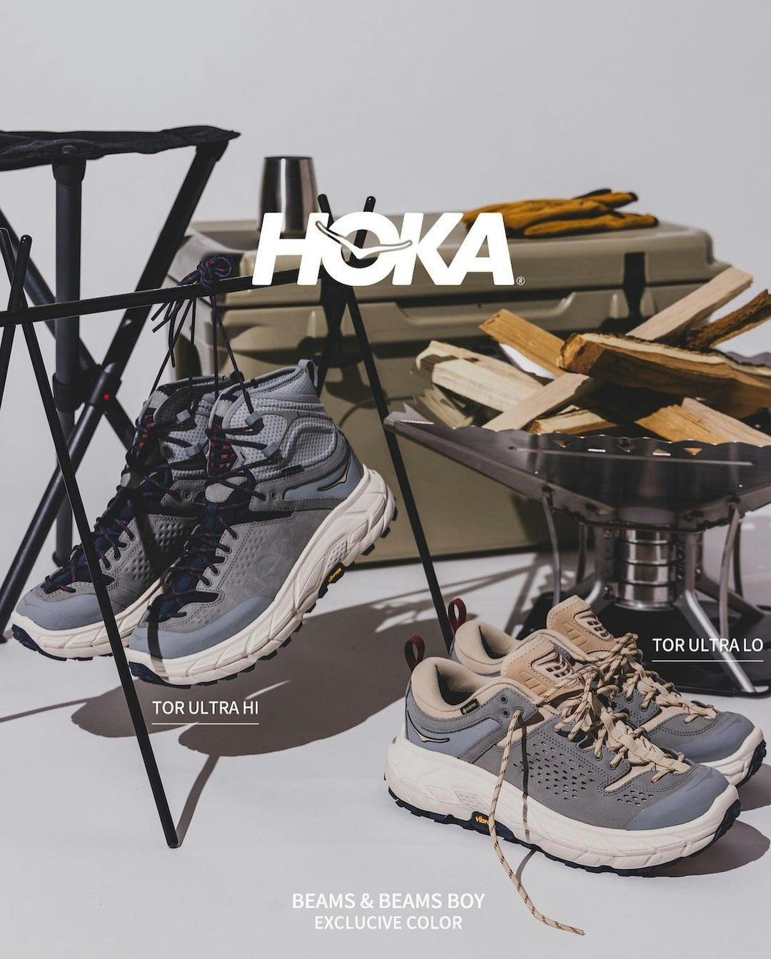 Stylized photographs of BEAMS' HOKA Tor Ultra Low & Hi Fall/Winter 2023 sneaker collaborations