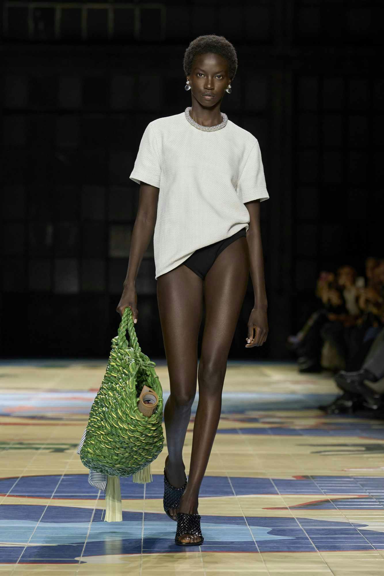 Anok Yai wears Bottega Veneta's T-shirt & underwear from Spring/Summer 2024