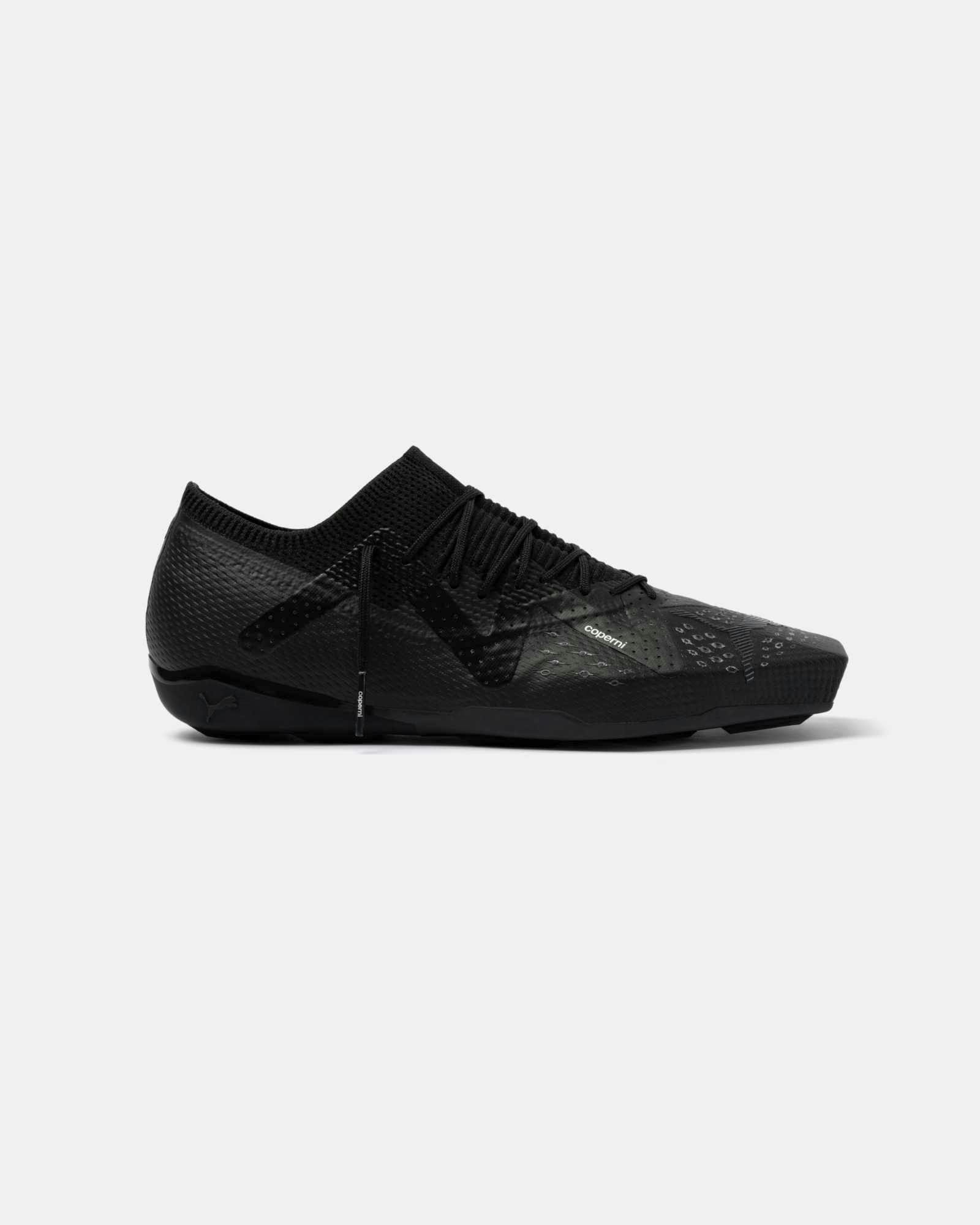 Product photos of Coperni & PUMA's collaborative sneaker in black, white and yellow colorways