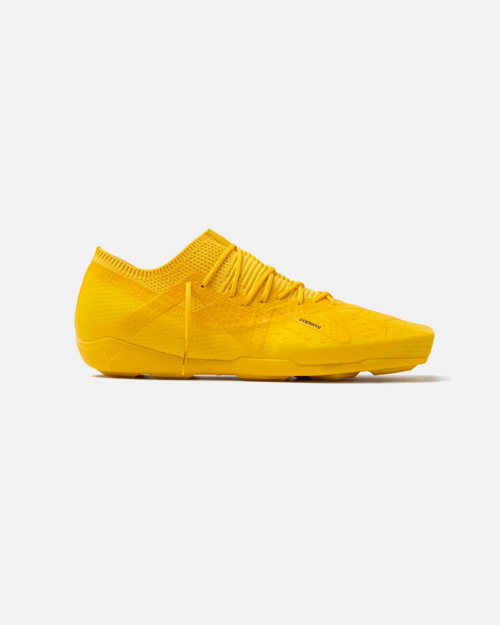 Product photos of Coperni & PUMA's collaborative sneaker in black, white and yellow colorways