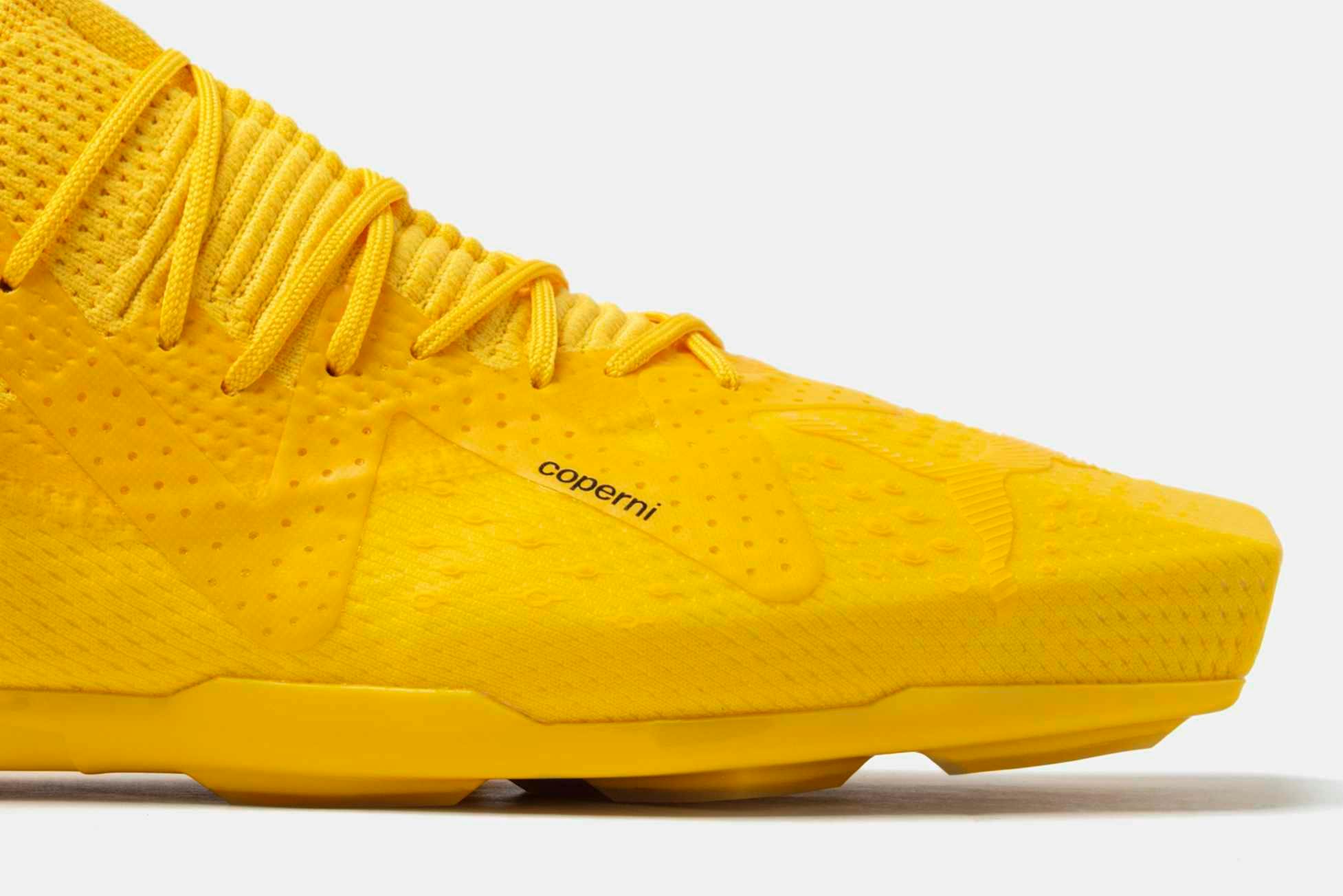 Product photos of Coperni & PUMA's collaborative sneaker in black, white and yellow colorways