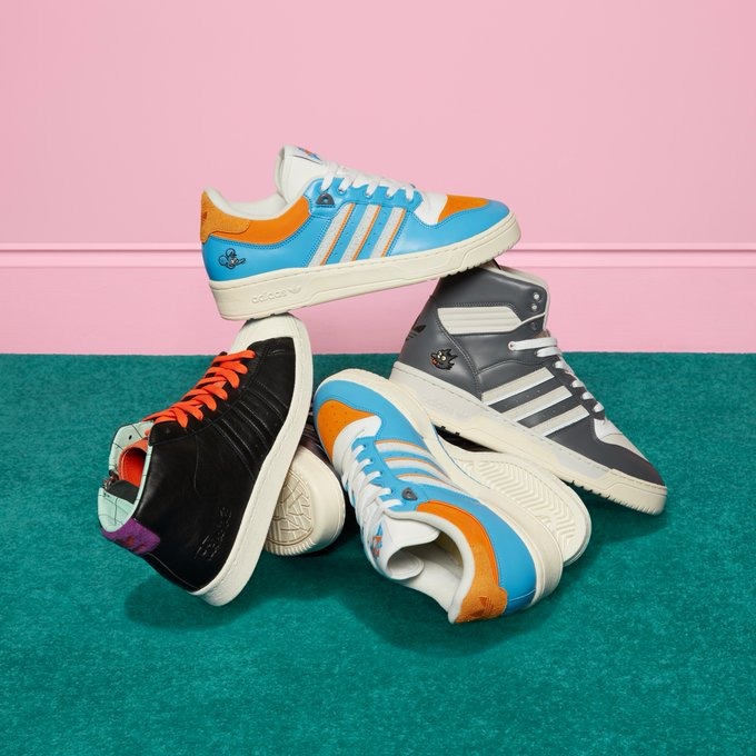 adidas & The Simpsons' collaborative sneakers, including Itchy, Scratchy & Poochie-themed Rivalry and Pro shoes in grey, blue, and black