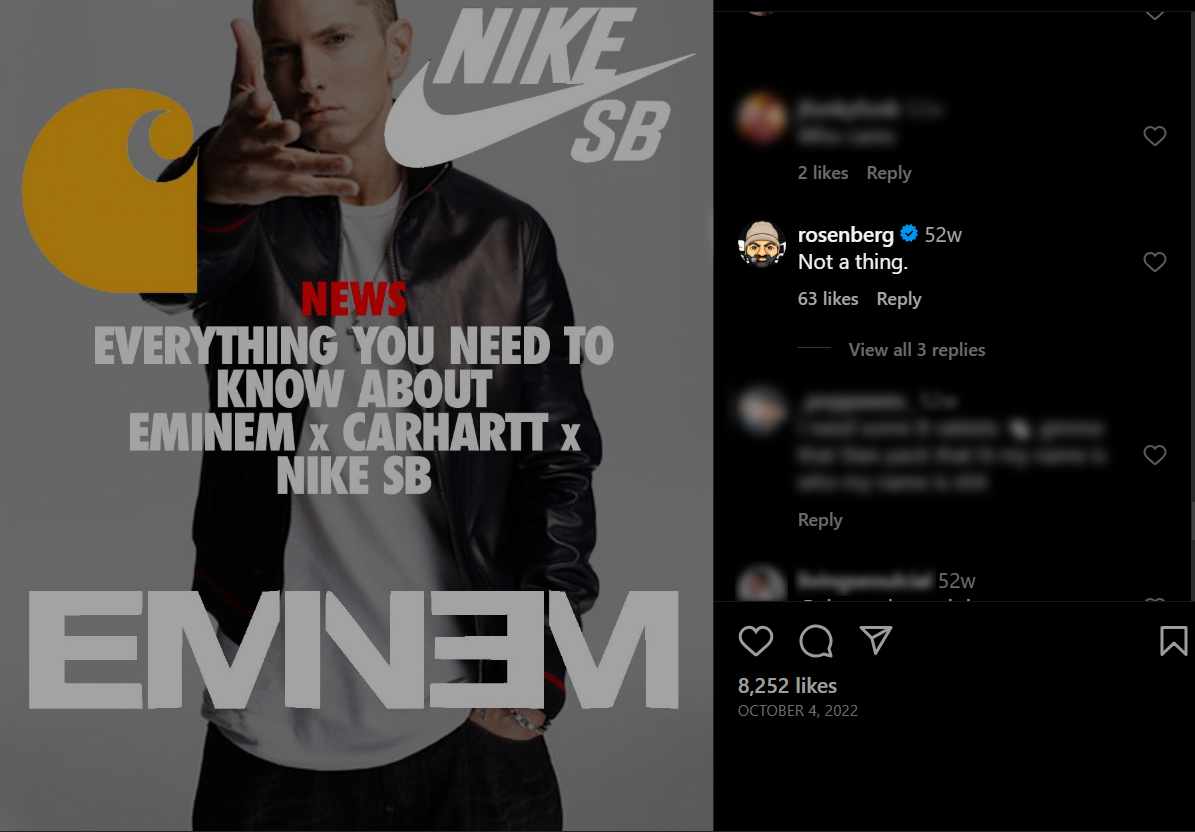 A screenshot of Paul Rosenberg clarifying the Eminem x Carhartt WIP x Nike Dunk rumors
