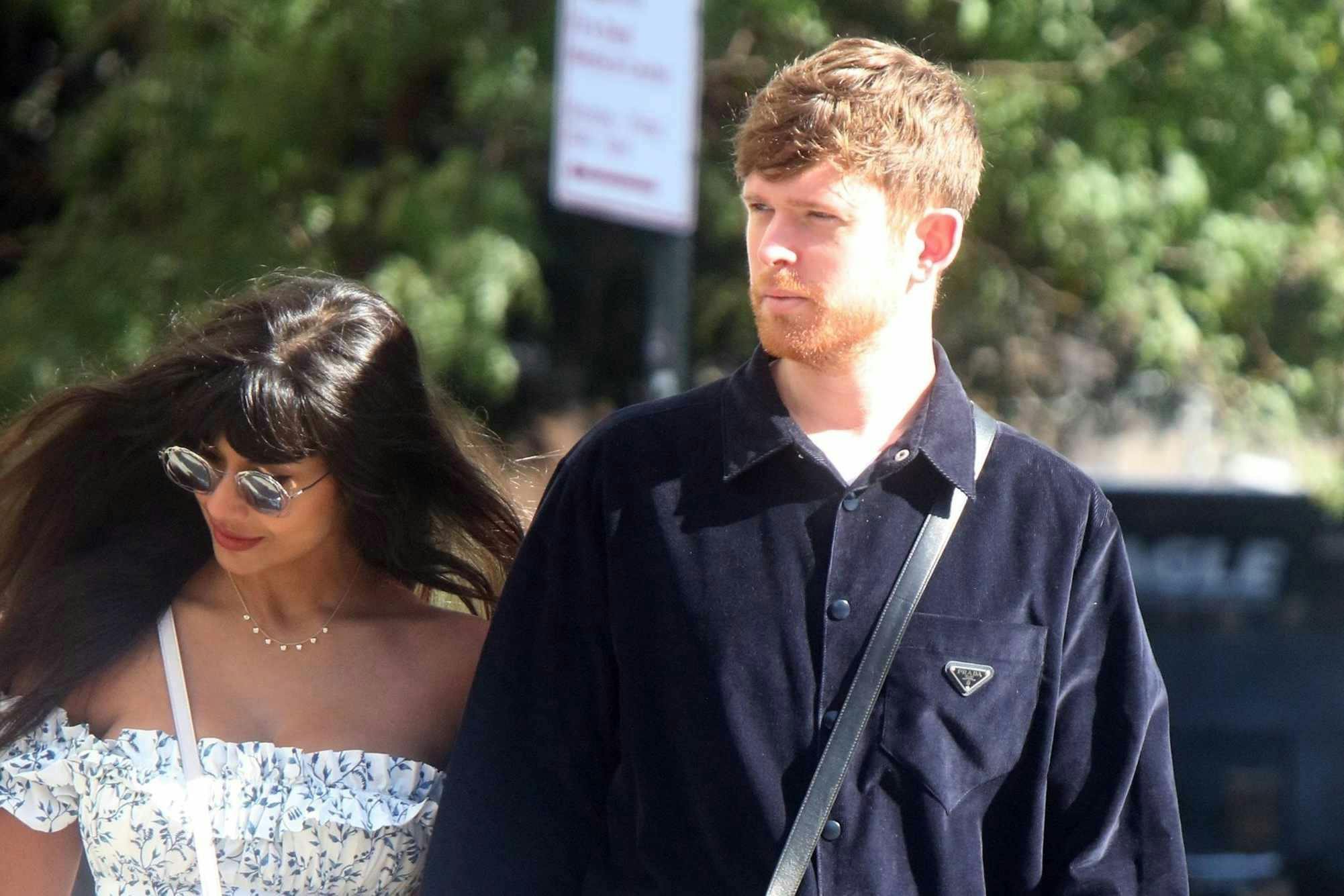 James Blake & Jameela Jamil walk in NYC. Blake wears Prada and Bottega Veneta