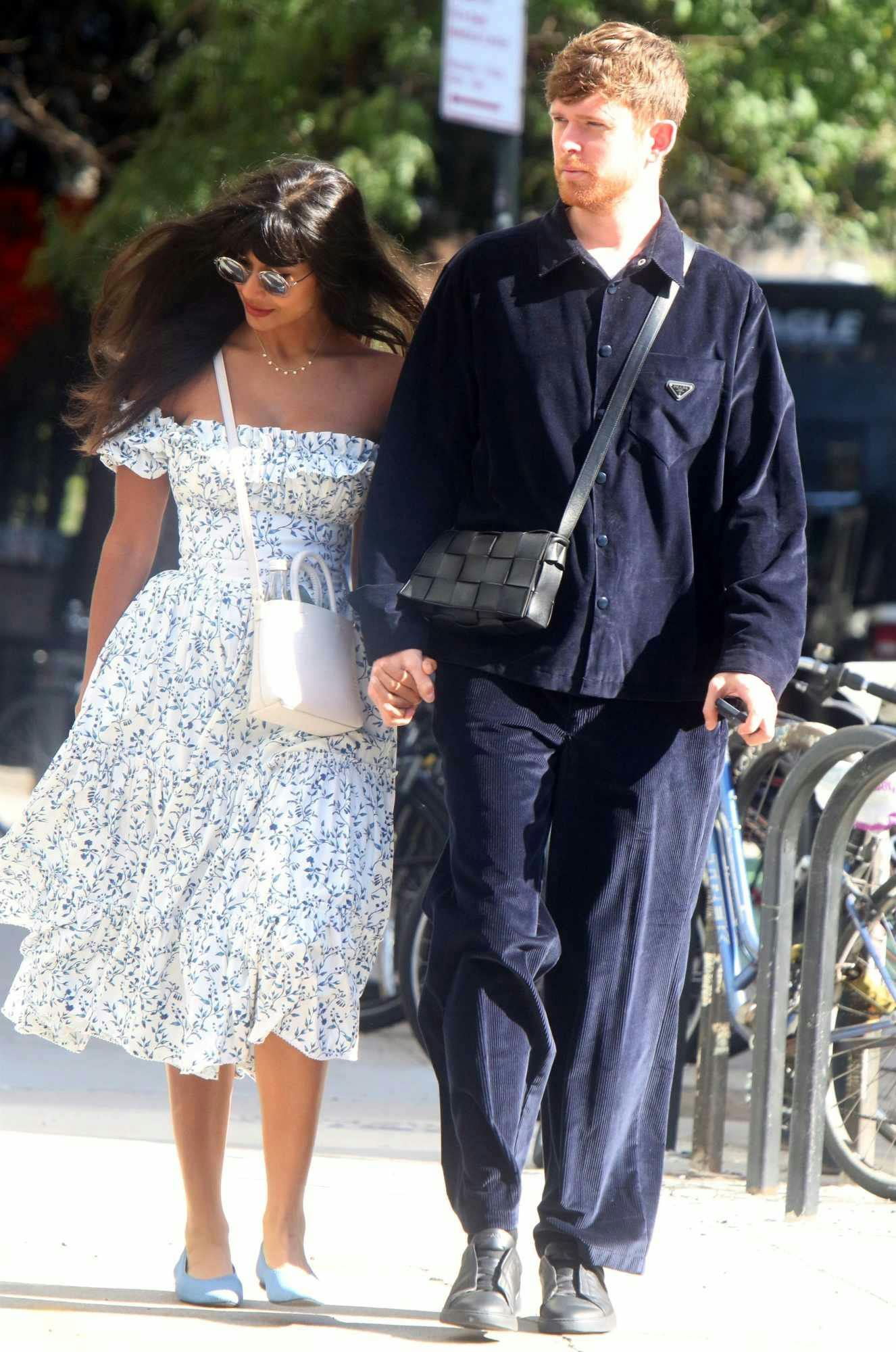 James Blake & Jameela Jamil walk in NYC. Blake wears Prada and Bottega Veneta