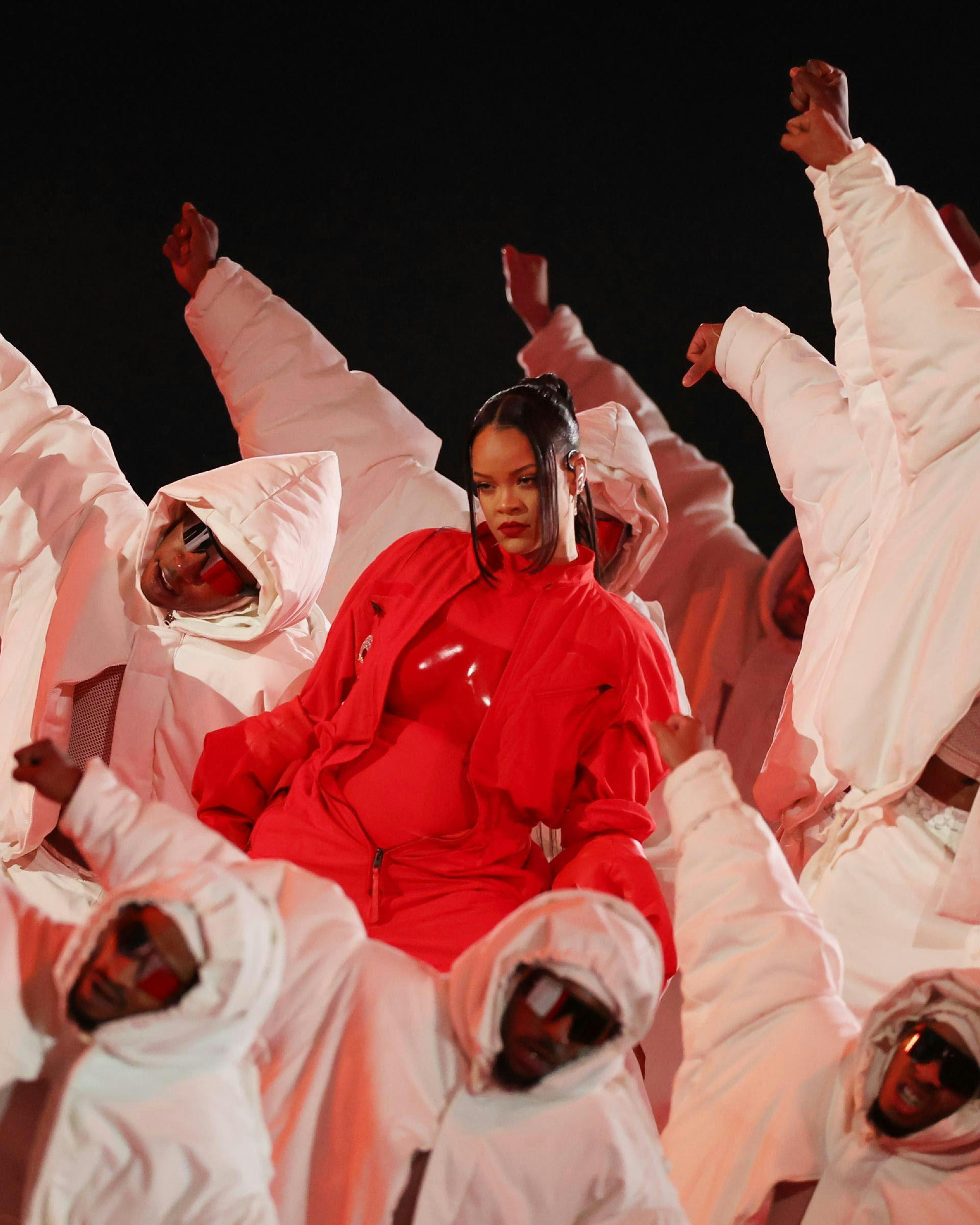 Rihanna wears LOEWE & MM6 Maison Margiela x Salomon while performing at the Super Bowl Halftime Show