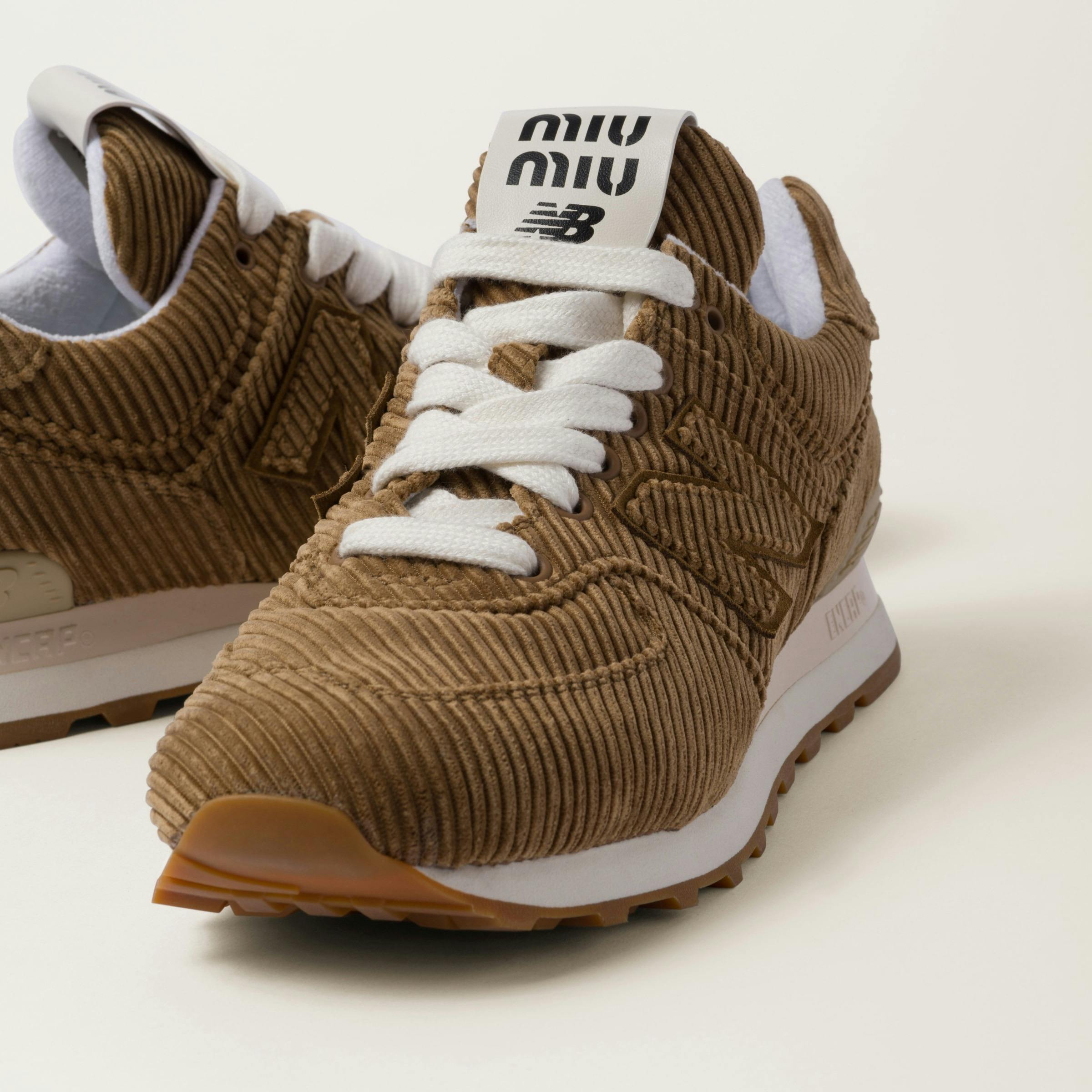 Miu Miu & New Balance's 574 sneaker collaboration with soft velvet & distressed leather uppers