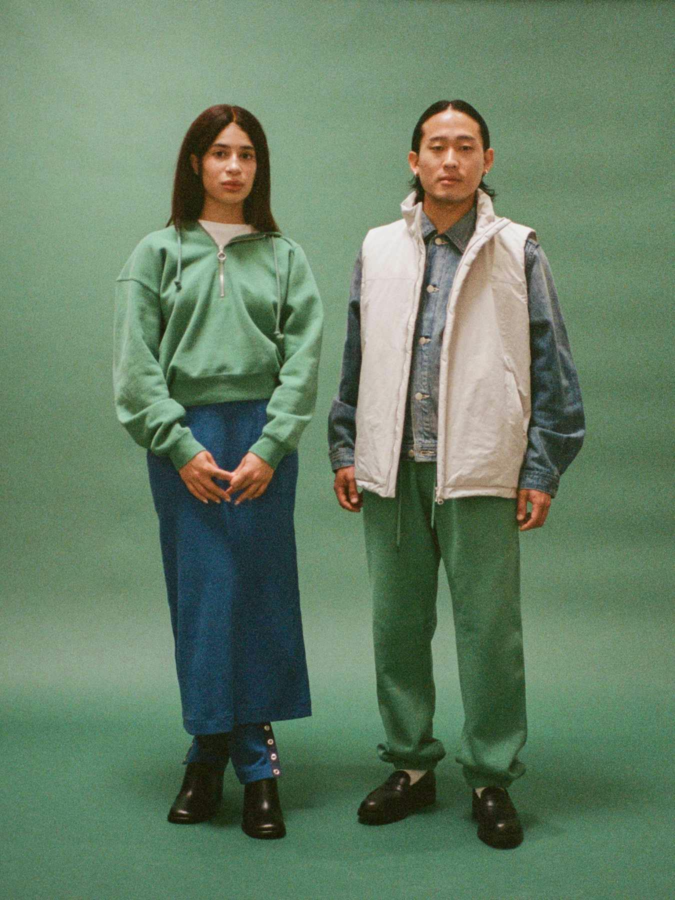 Models wear Namu Shop's Fall/Winter 2023 clothing collections in a green-themed editorial