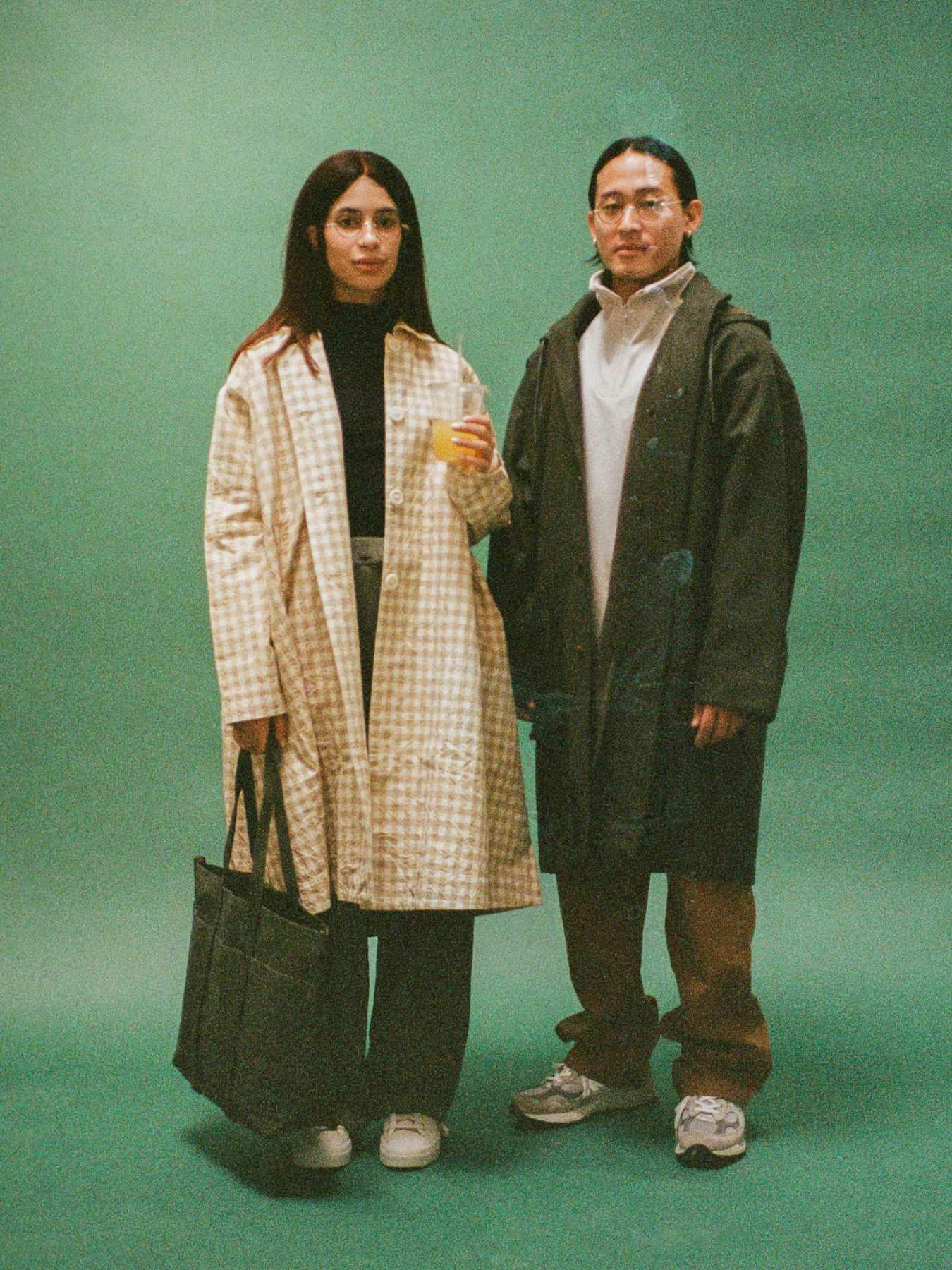 Models wear Namu Shop's Fall/Winter 2023 clothing collections in a green-themed editorial