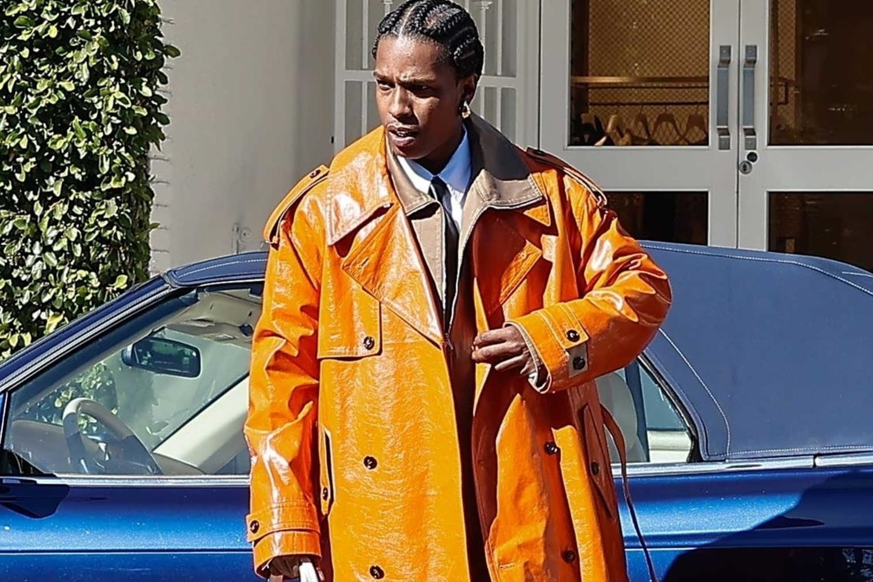 A dapper-looking A$AP Rocky goes shopping at Bottega Veneta on Melrose in West Hollywood.