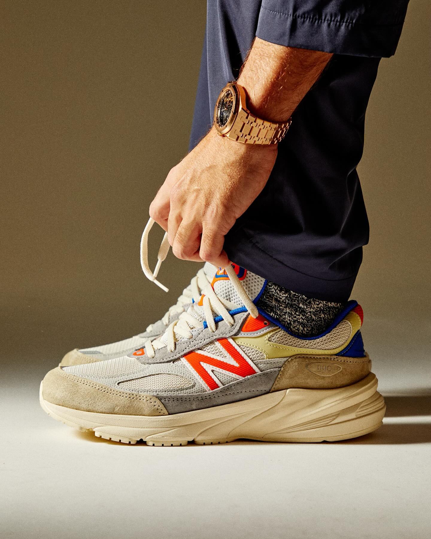 Ronnie Fieg wears the KITH x New Balance 990v6 "Sandrift" sneaker dropping in collaboration with Madison Square Garden