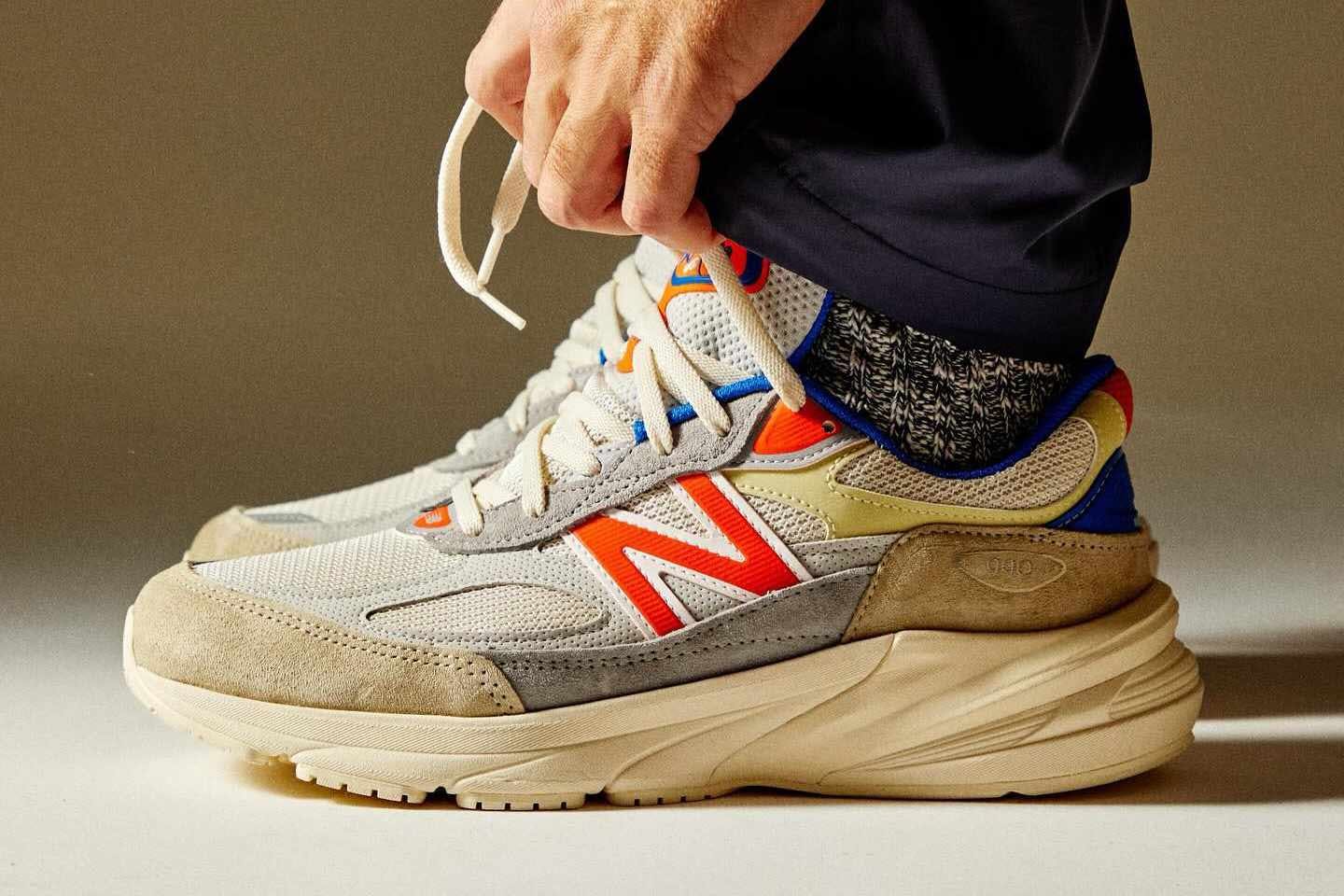 Ronnie Fieg wears the KITH x New Balance 990v6 "Sandrift" sneaker dropping in collaboration with Madison Square Garden