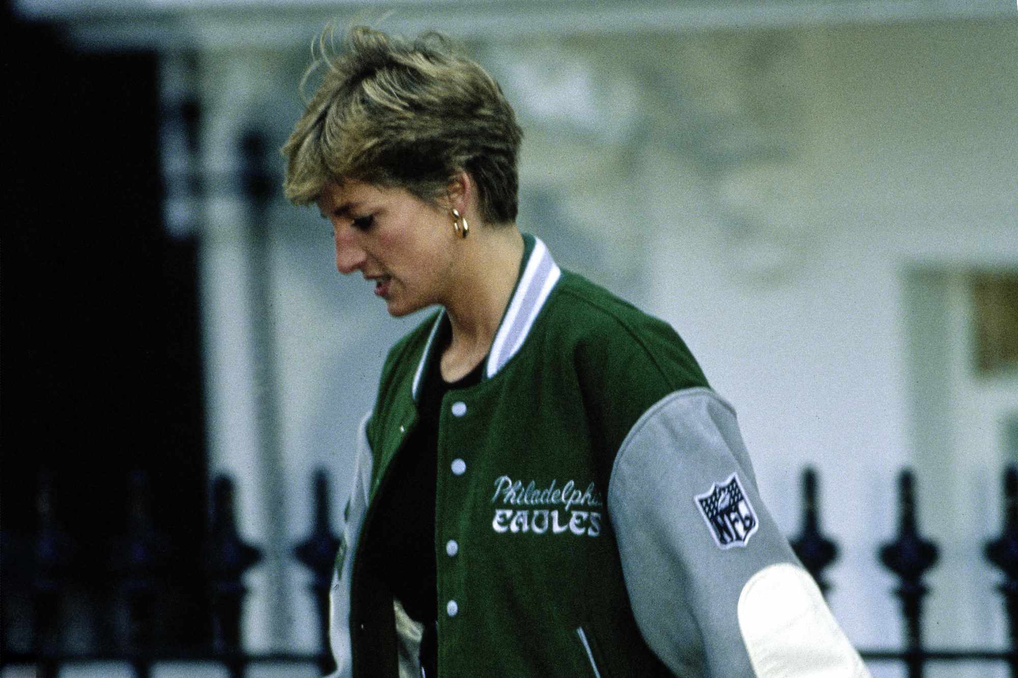 Princess Diana seen in 1997 wearing a green Philadelphia Eagles jacket