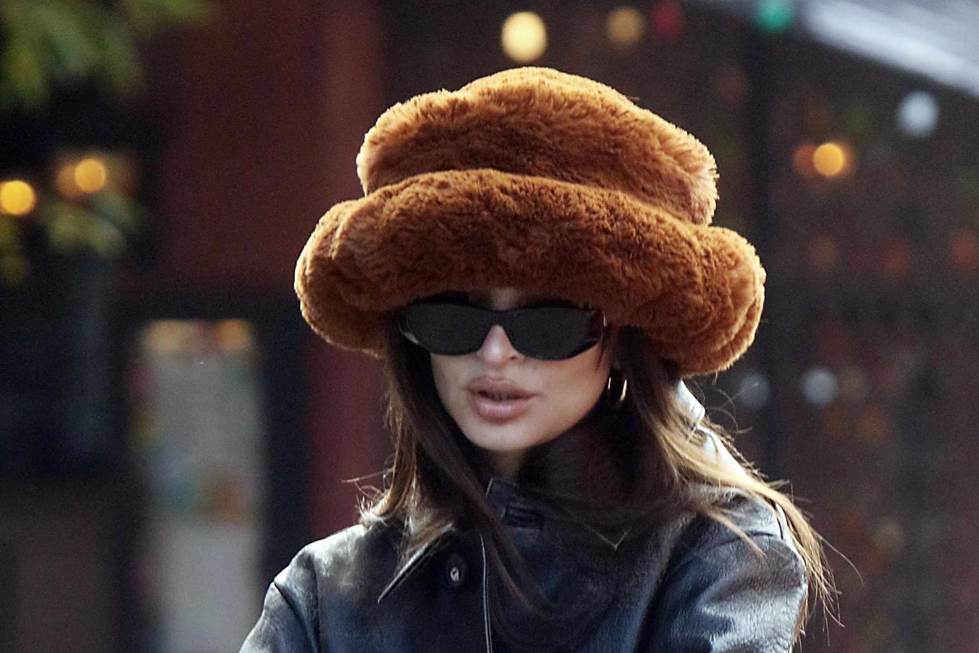 Emily Ratajkowski seen wearing a giant furry Emma Brewin hat in New York