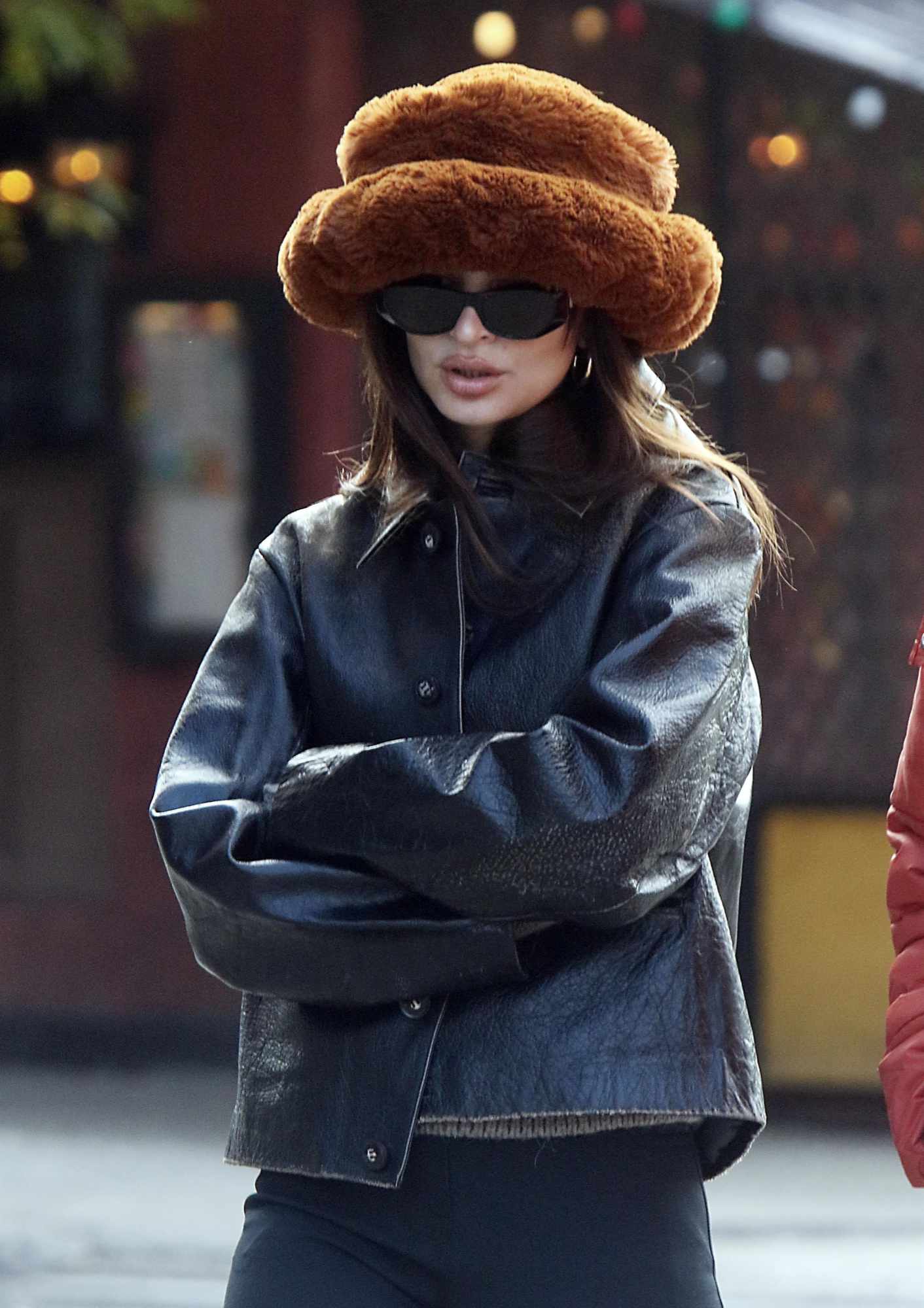 Emily Ratajkowski seen wearing a giant furry Emma Brewin hat in New York