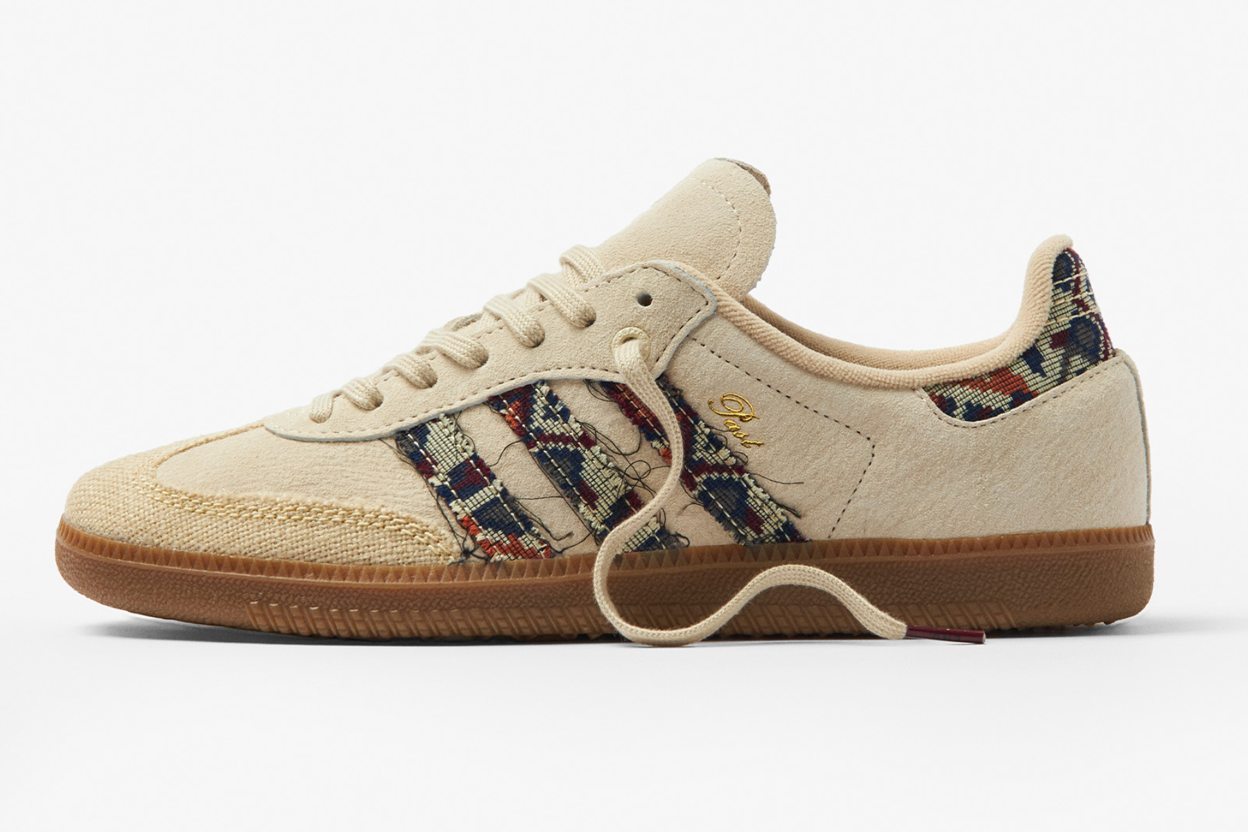 END.'s adidas Samba sneaker is inspired by traditional weaving with tapestry-like materials adorning the epochal three stripes.