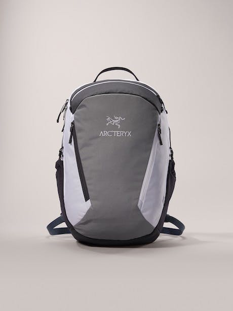 Photos of BEAMS & Arc'teryx's November 2023 collab clothing & bags in grey, black, and white patchwork