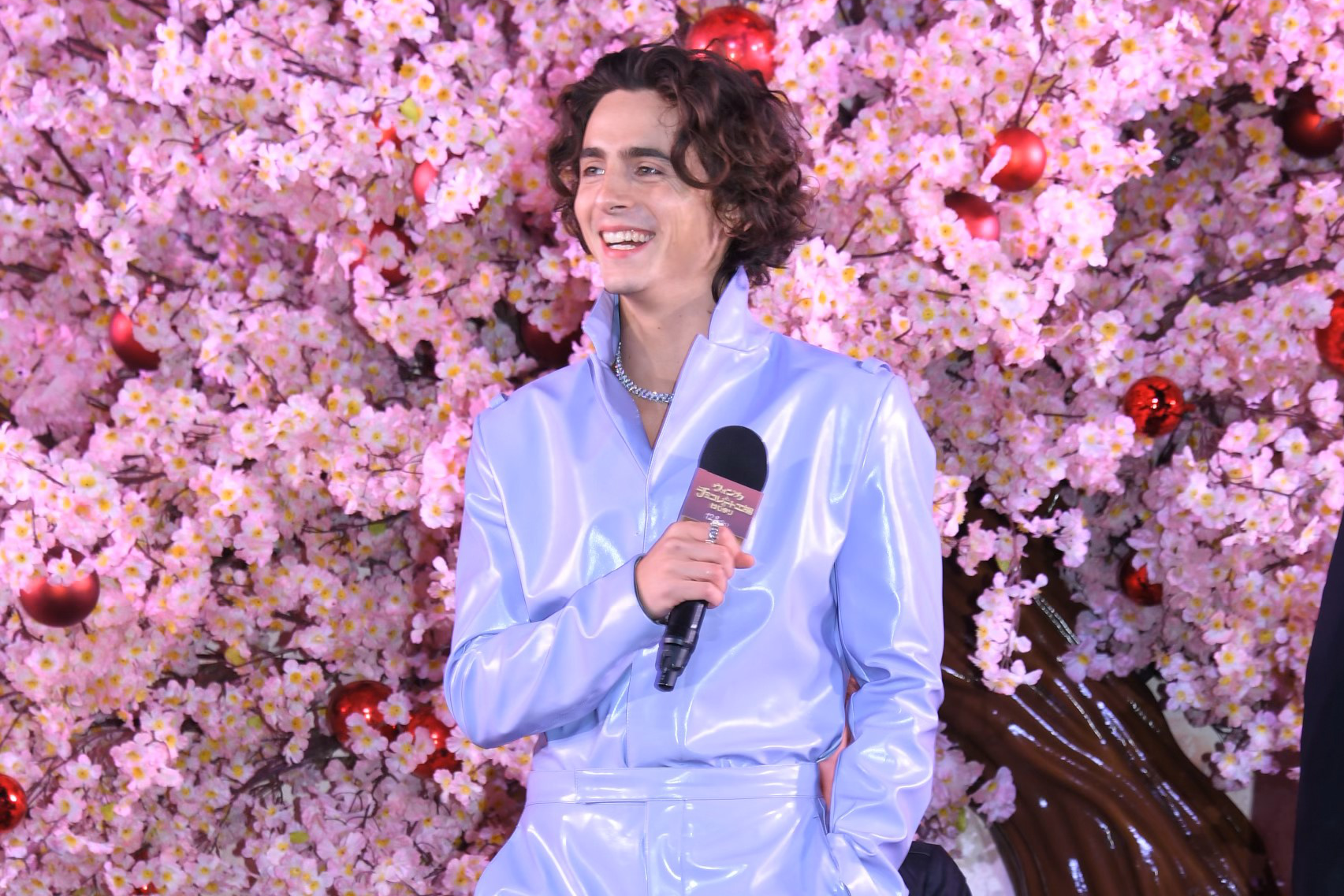 Timothee Chalomet wears a shiny lavender leather Prada suit at the Wonka red carpet premiere in Tokyo