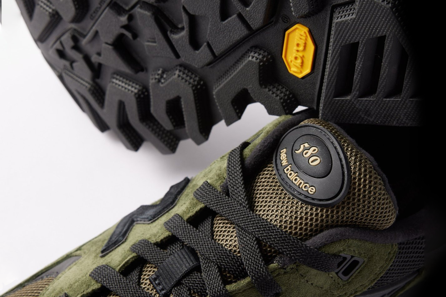 New Balance's 580 sneaker with a green suede upper, GORE-TEX lining, and Vibram sole