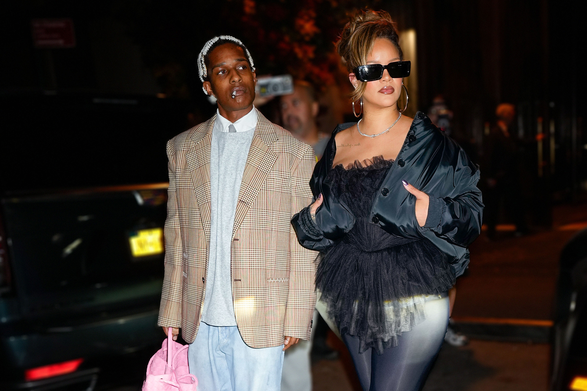 ASAP Rocky and Rihanna are seen at Carbone to celebrate ASAP Rocky's birthday on October 04, 2023 in New York City.