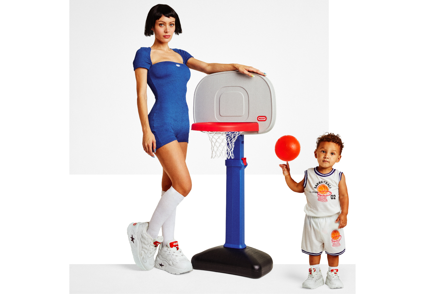 Lana Rhoades and her son, Milo, for MSCHF's Super Baby sneaker release.