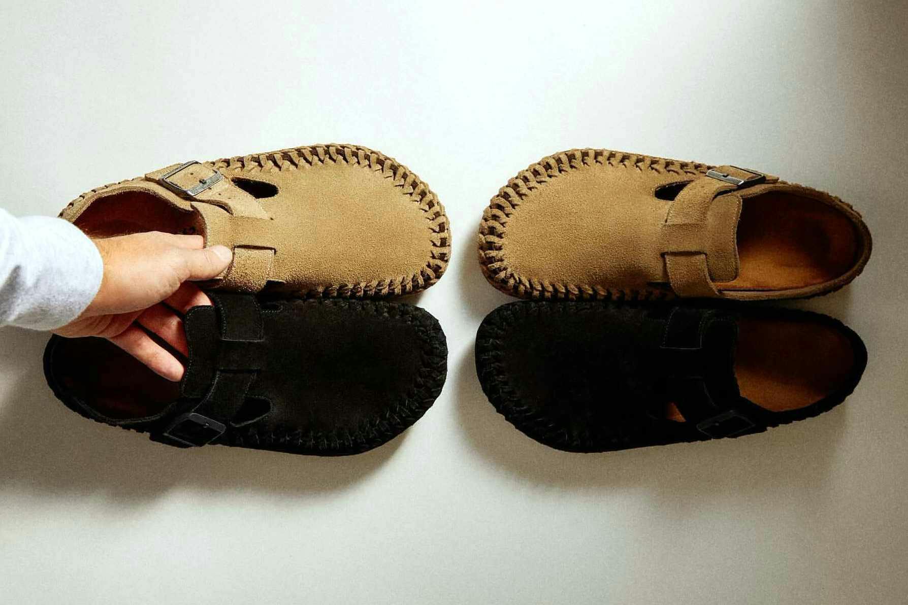 KITH & Birkenstock's braided London sandals in beige and black suede leather