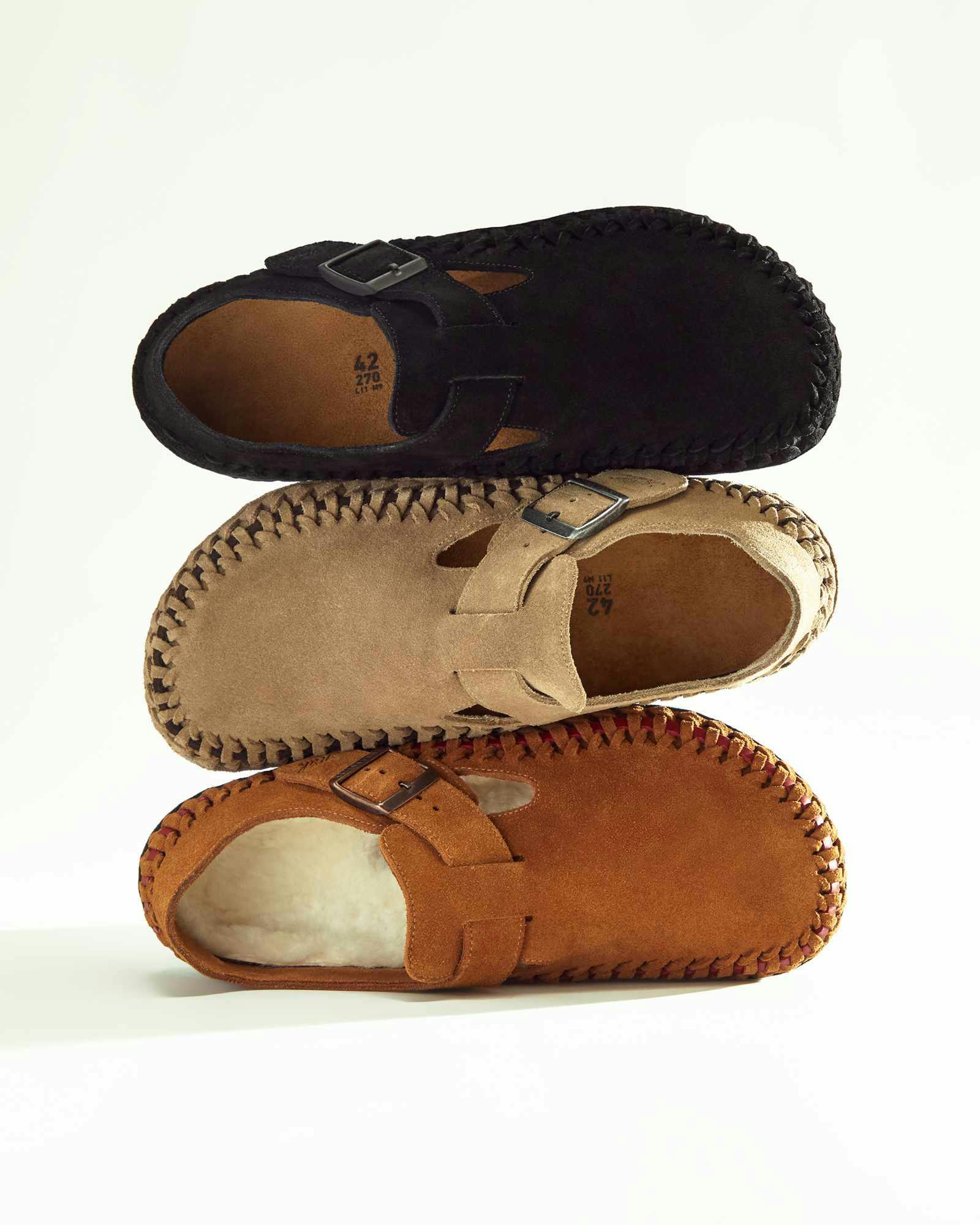 KITH & Birkenstock's collaborative braided London sandals in beige, brown, and black suede