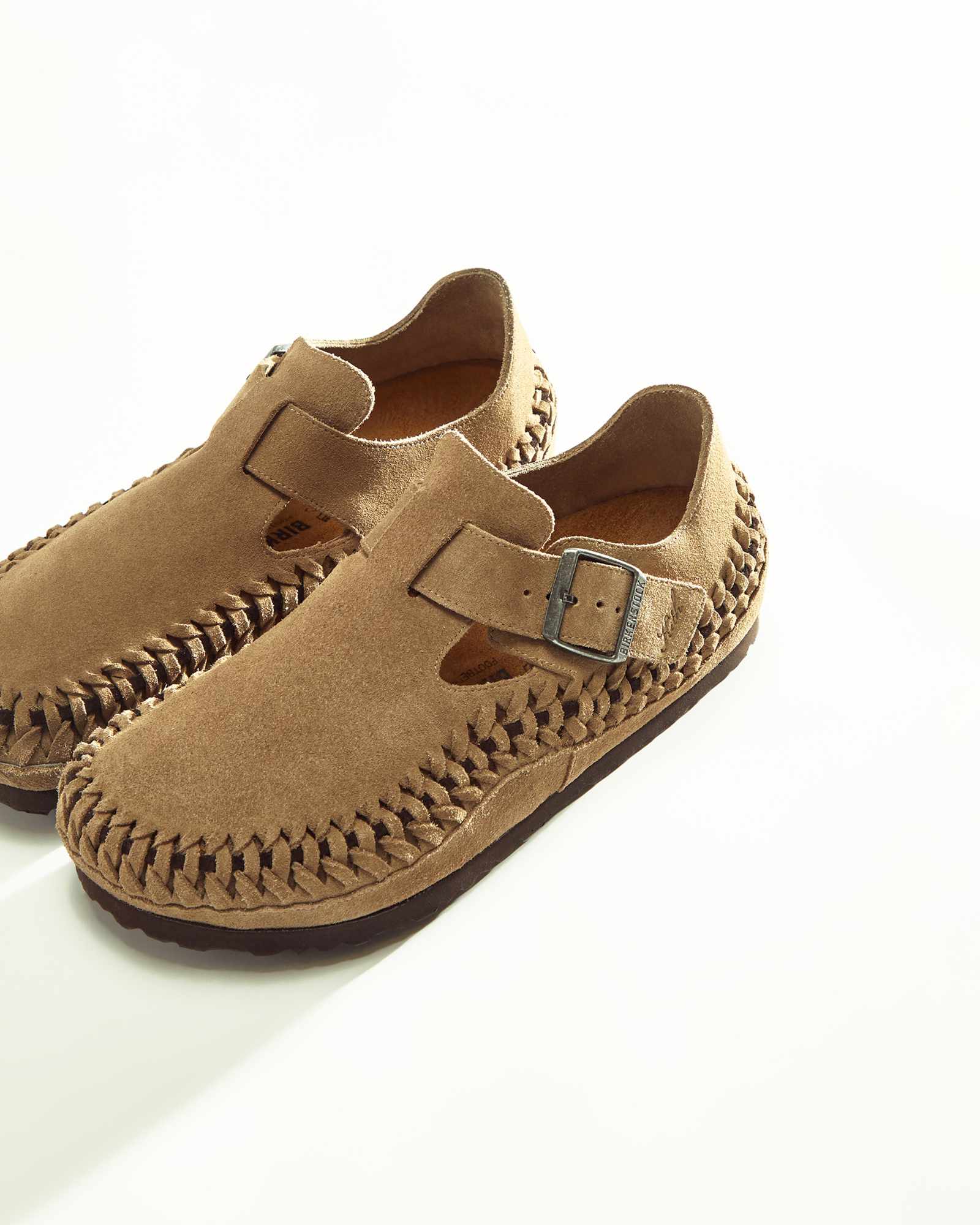 KITH & Birkenstock's collaborative braided London sandals in beige, brown, and black suede