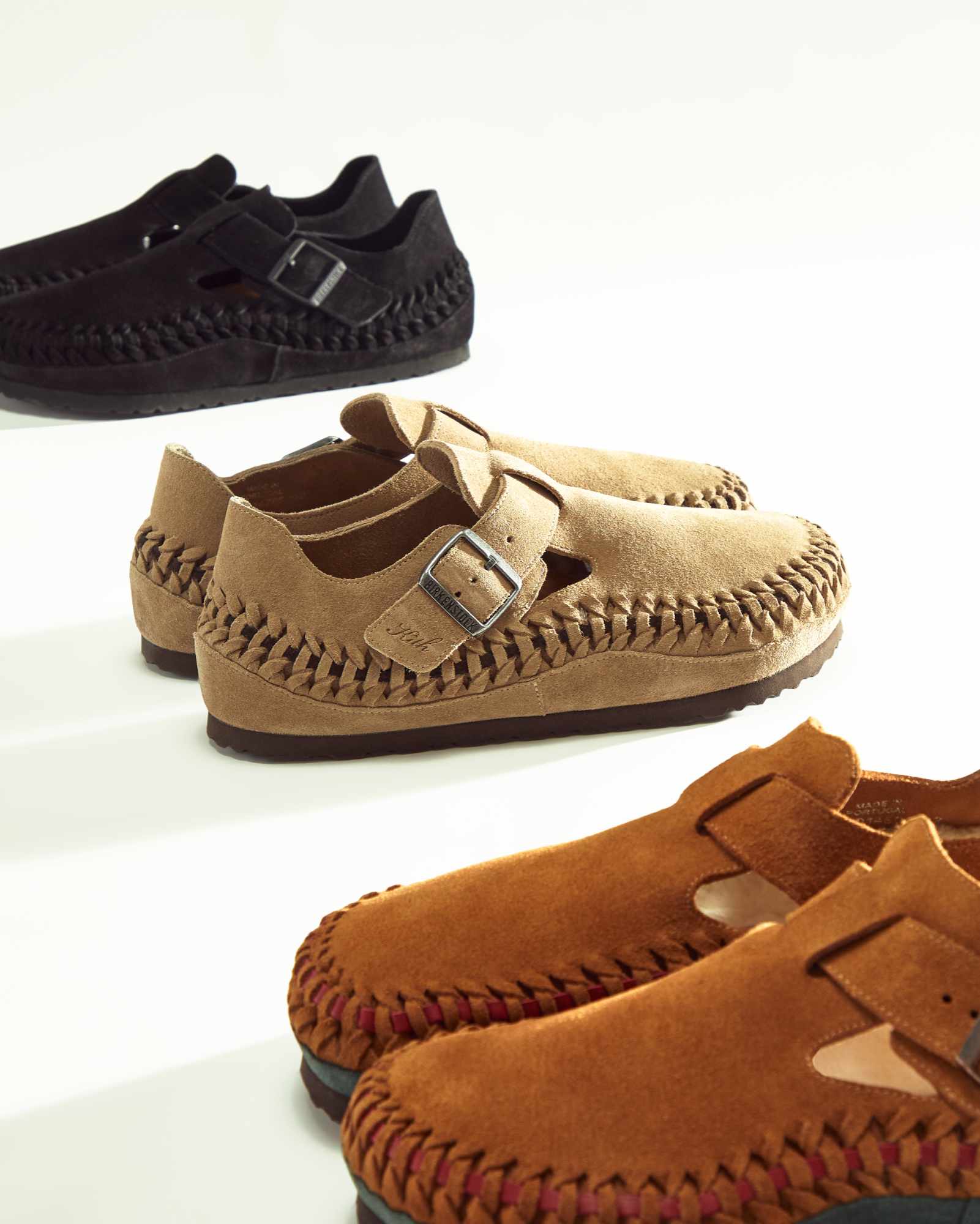 KITH & Birkenstock's collaborative braided London sandals in beige, brown, and black suede