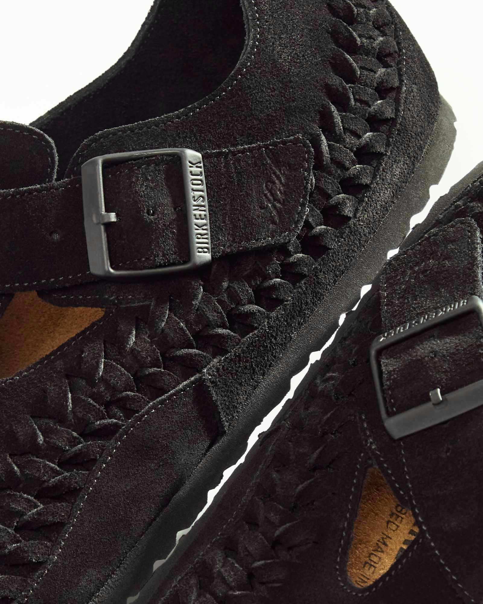 KITH & Birkenstock's collaborative braided London sandals in beige, brown, and black suede