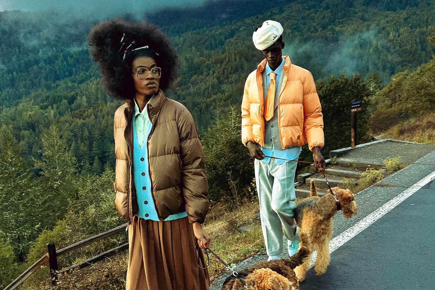 Two models and a dog wear Tyler, the Creator's beige le FLEUR* puffer jackets