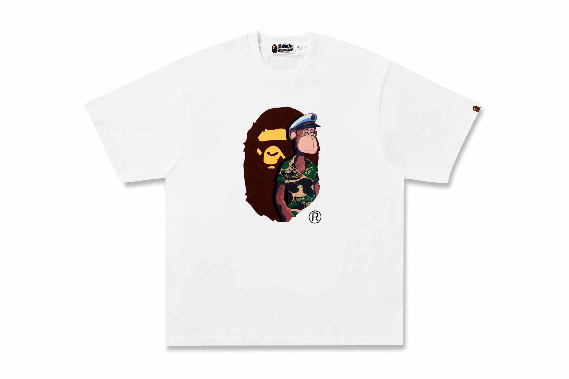 bape and bored ape yacht club's collaborative white t-shirt with a camouflage ape head