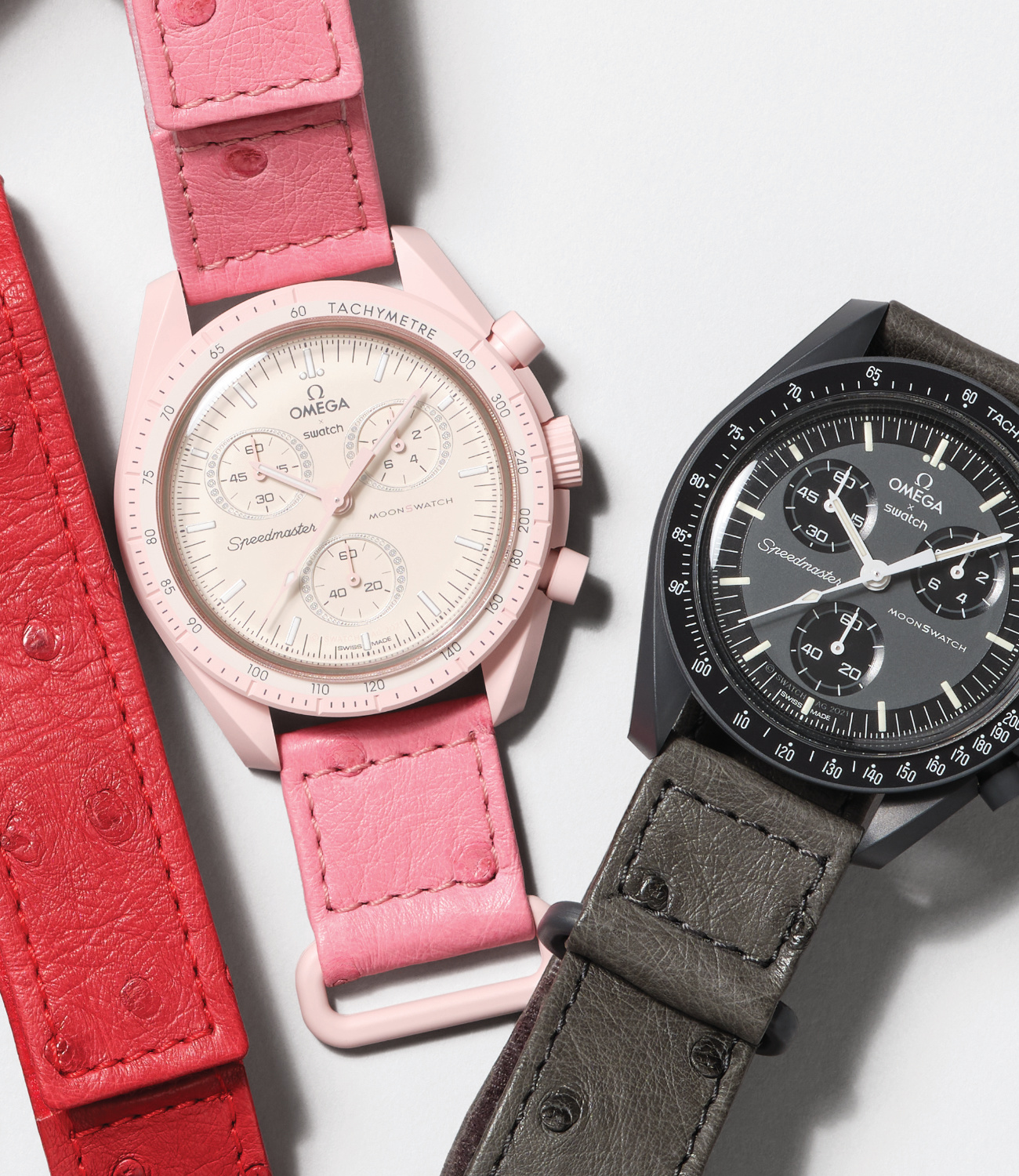 OMEGA & Swatch's Moonswatch looks luxe in ostrich leather.