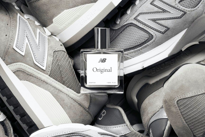New Balance's "Distilled" fragrance bottles, displayed near New Balance's 550 and 990 sneakers