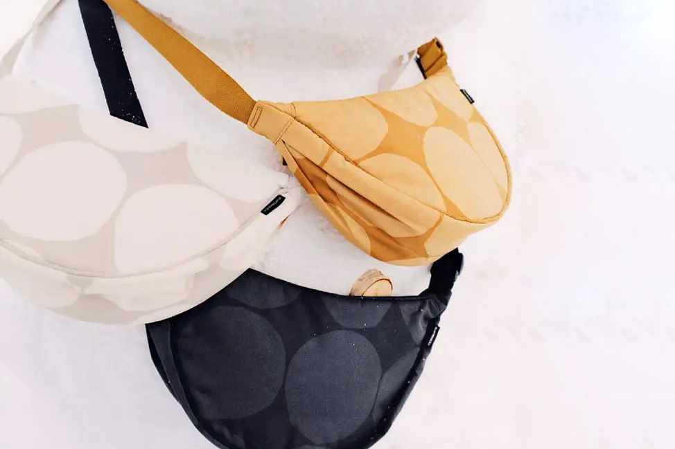 Uniqlo's crossbody shoulder bag, printed with a Marimekko print in beige white and black