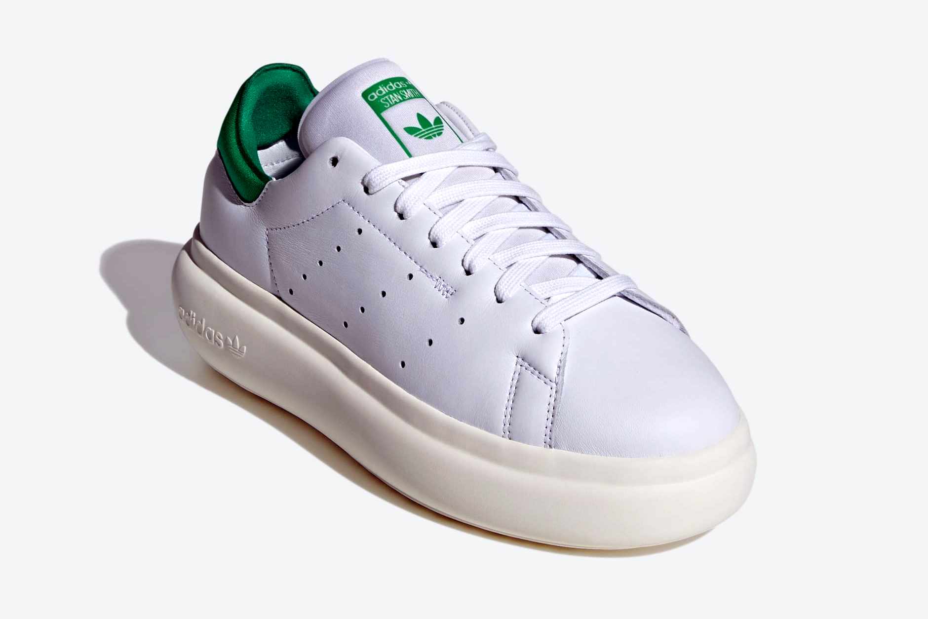 adidas' platform stan smith sneaker in white and green leather