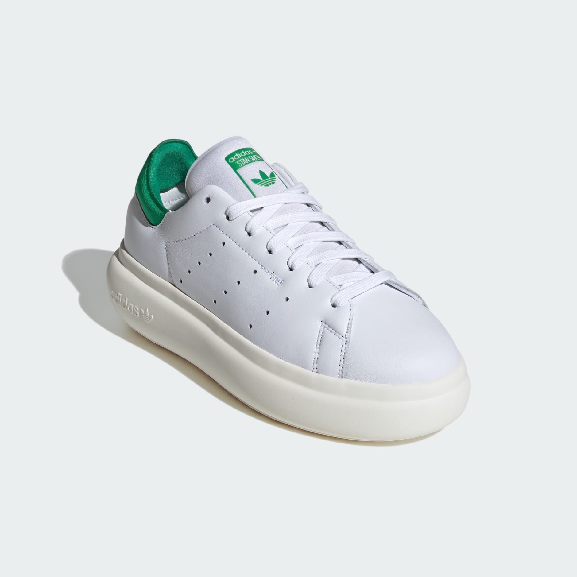 adidas' platform stan smith sneaker in white and green leather