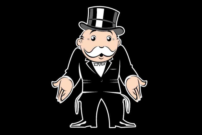 The Monopoly Man with his pockets pulled out on a black background