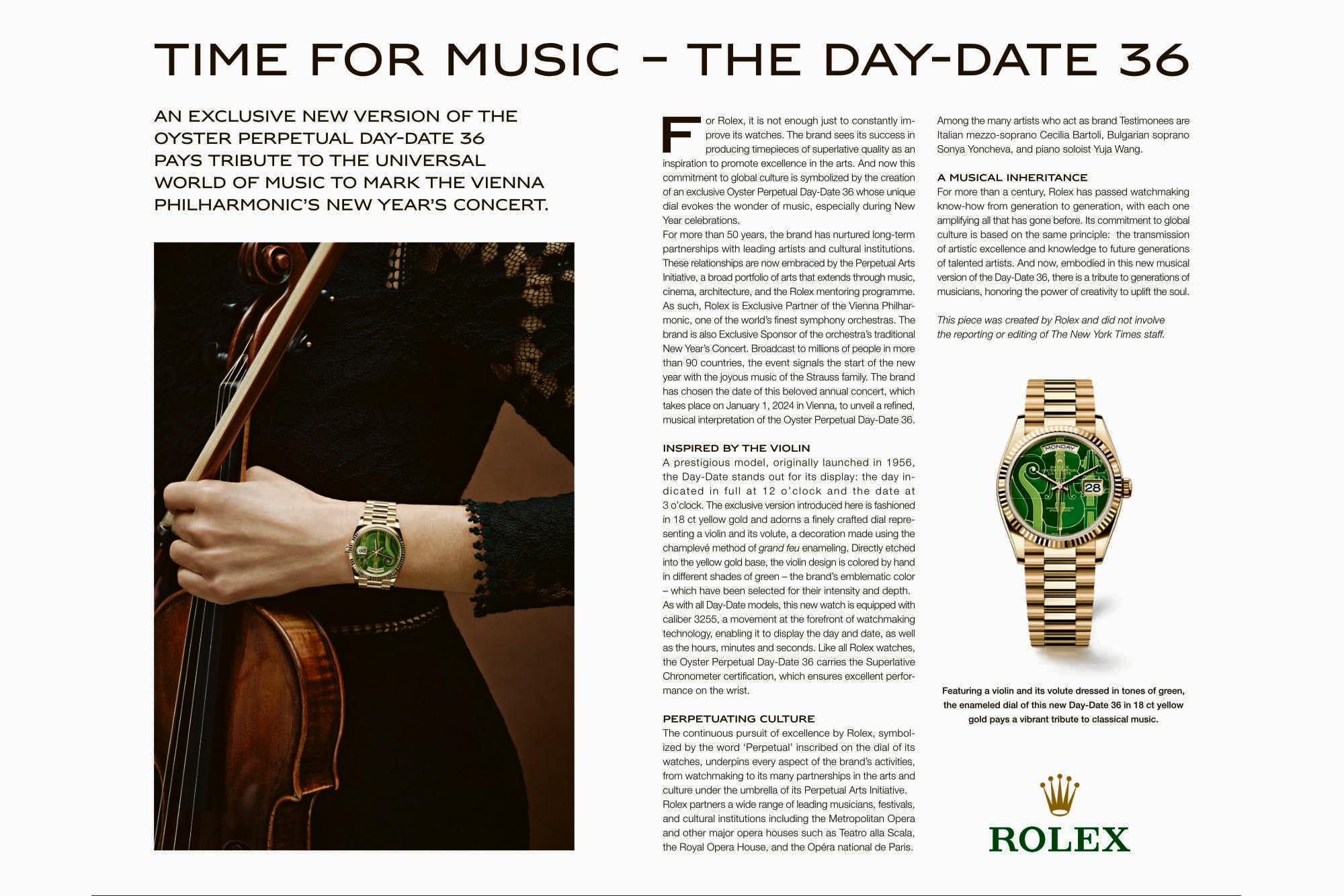 An advertisement for Rolex's Day-Date Vienna Philharmonic 2024 watch