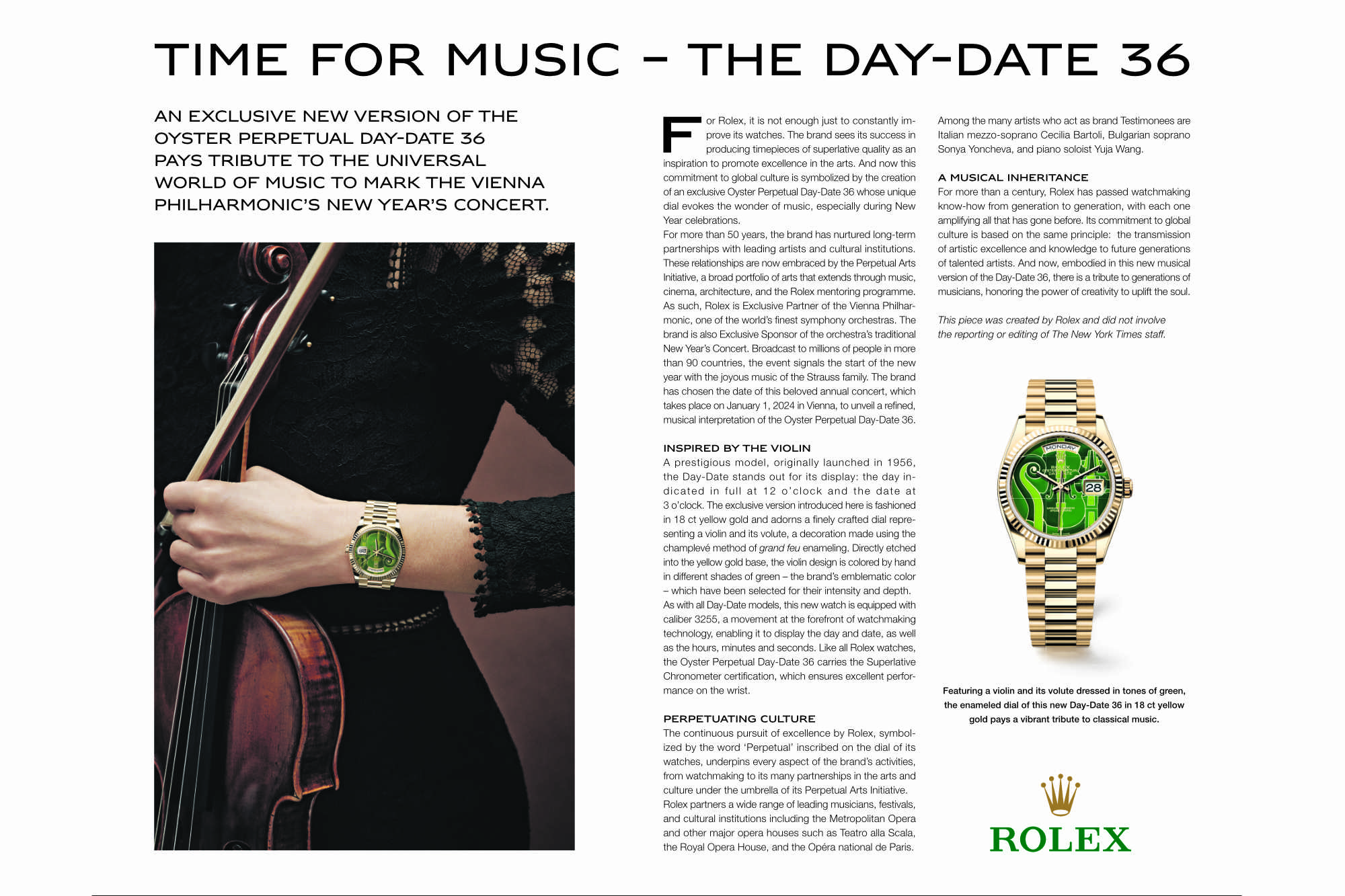 An advertisement for Rolex's Day-Date Vienna Philharmonic 2024 watch